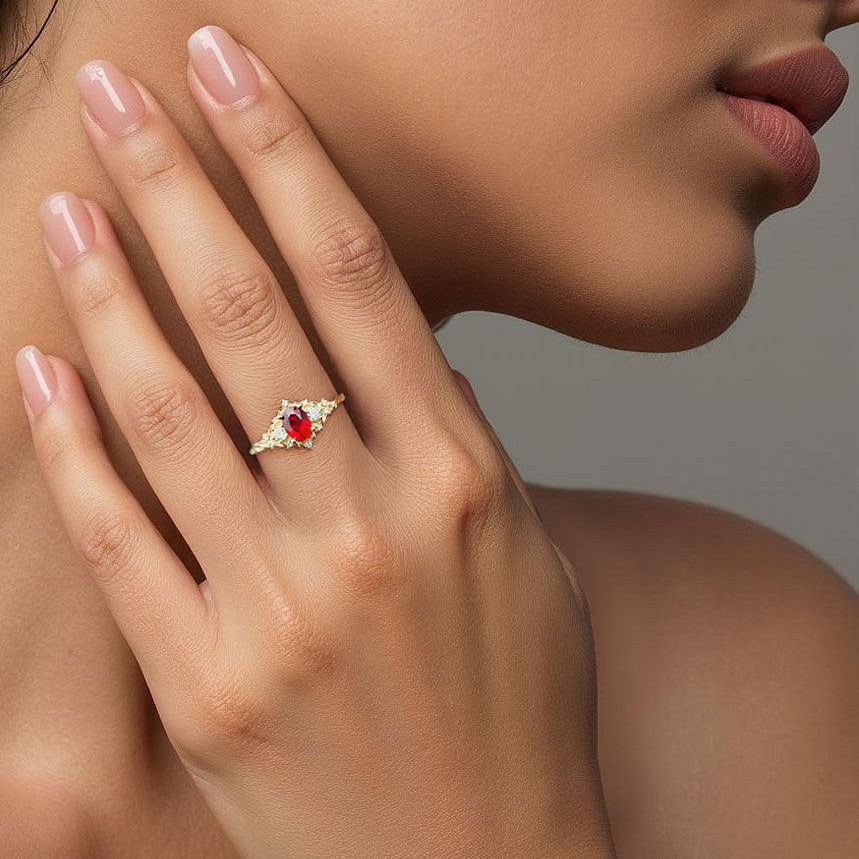 Unique Oval Shaped Ruby Wedding Ring Band Yellow Gold Briar Rose Three Stone Ruby Engagement Ring Curved Wedding Band Anniversary Rings For Women - Loveden Jewelry