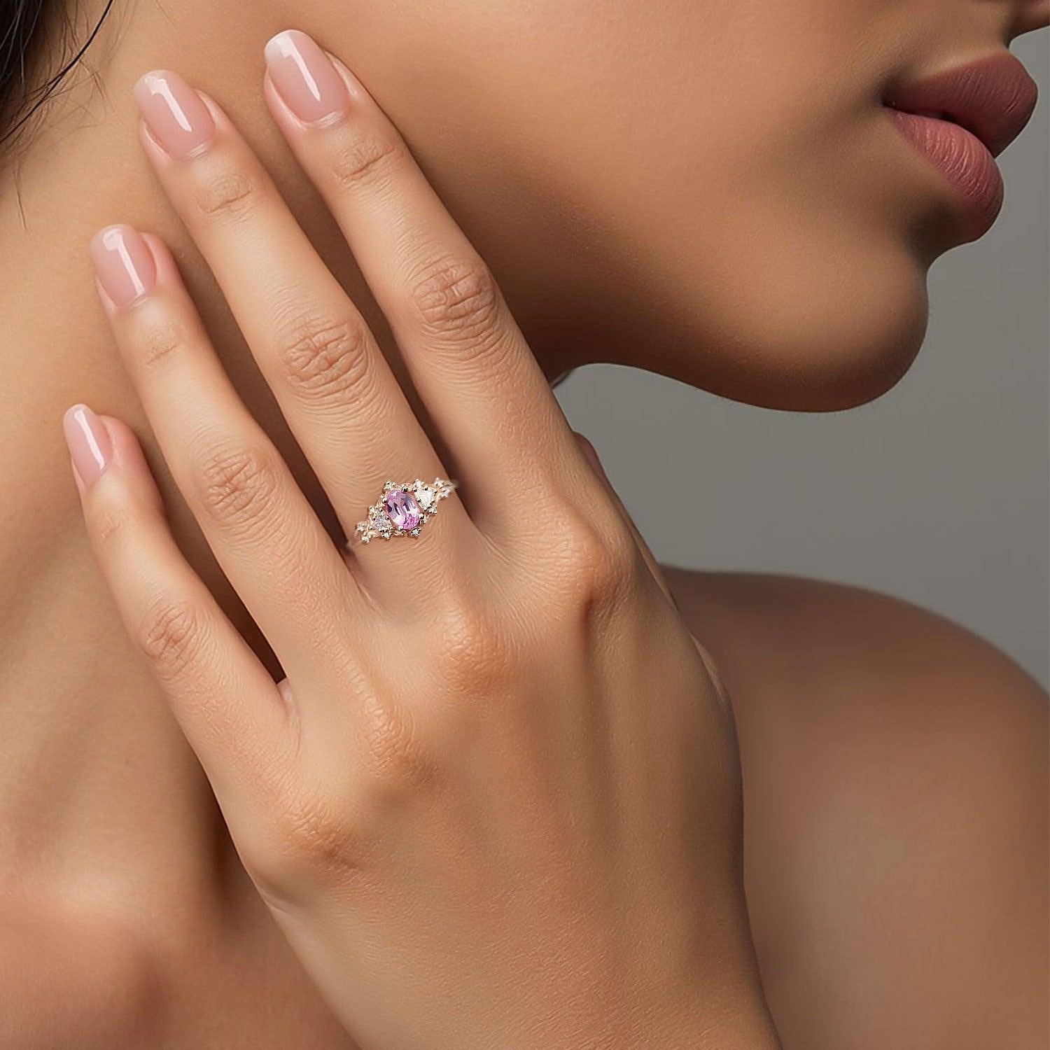 Unique Oval Shaped Pink Padparadscha Wedding Ring Band Rose Gold Briar Rose Three Stone Padparadscha Engagement Ring Curved Wedding Band Anniversary Rings For Women - Loveden Jewelry