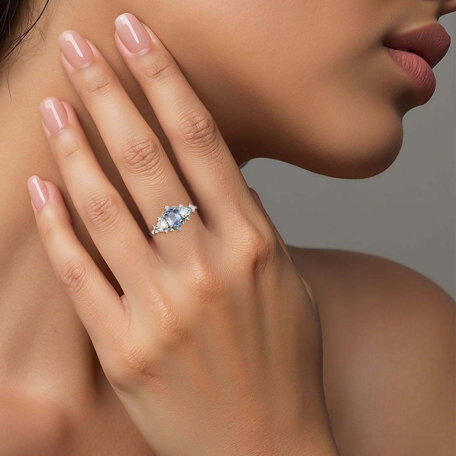 Unique Oval Shaped Lavender Sapphire Wedding Ring Band White Gold Briar Rose Three Stone Sapphire Engagement Ring Curved Wedding Band Anniversary Rings For Women - Loveden Jewelry