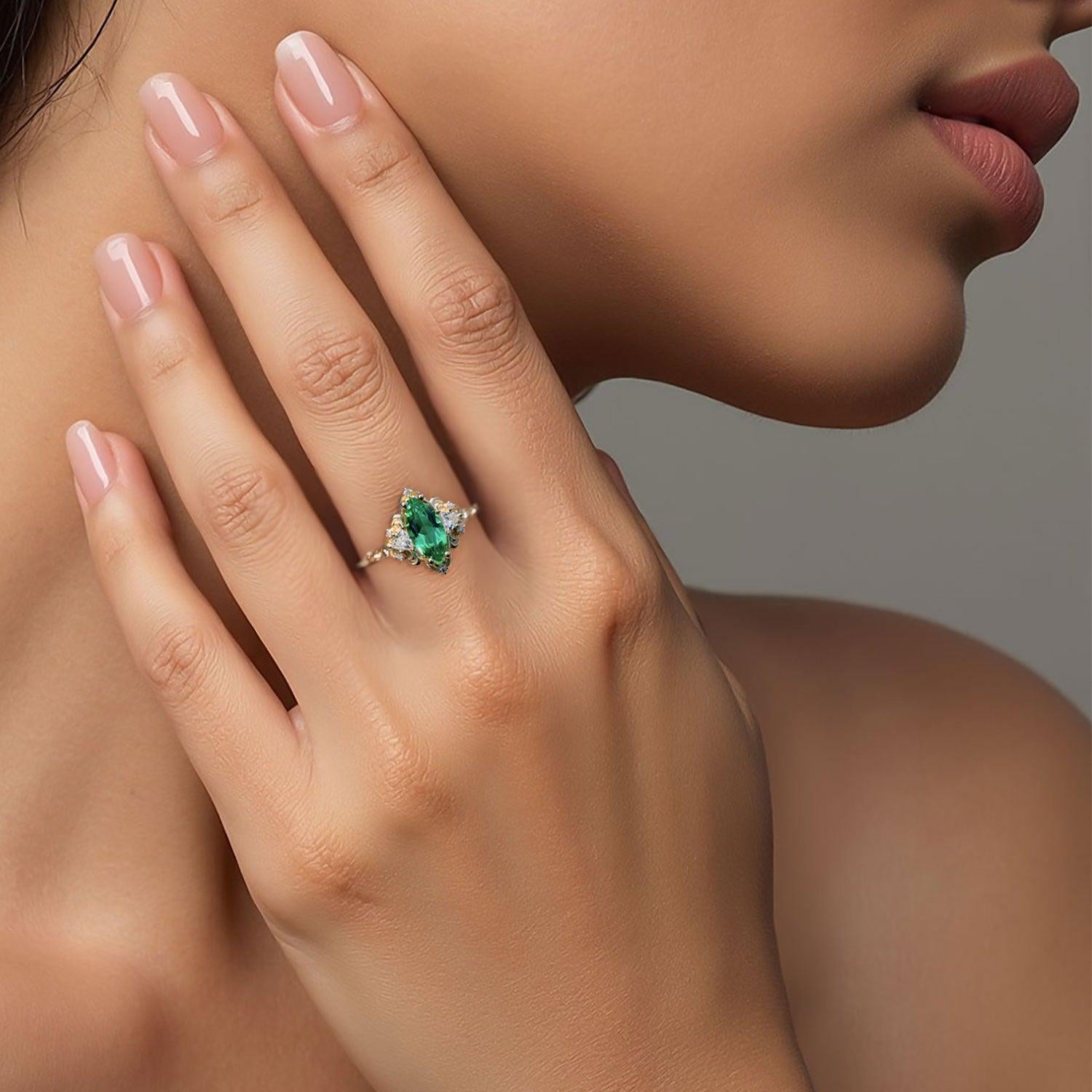 Unique Marquise Shaped Emerald Wedding Ring Band Yellow Gold Aurora Three Stone Emerald Engagement Ring Curved Wedding Band Anniversary Rings For Women - Loveden Jewelry