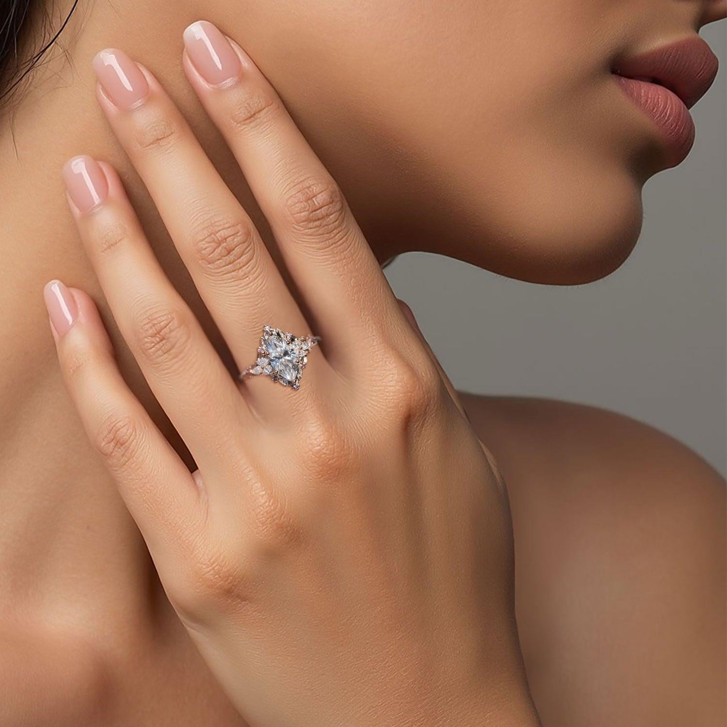 Unique Marquise Shaped Moissanite Wedding Ring Band Rose Gold Briar Rose Starlight Moissanite Engagement Ring Curved Wedding Band Anniversary Rings For Women - Loveden Jewelry