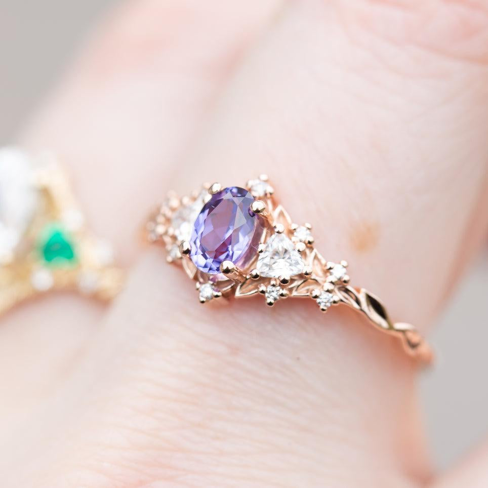 Unique Oval Shaped Amethyst Wedding Ring Band Rose Gold Rose Briar Rose Amethyst Engagement Ring Curved Wedding Band Anniversary Rings For Women - Loveden Jewelry