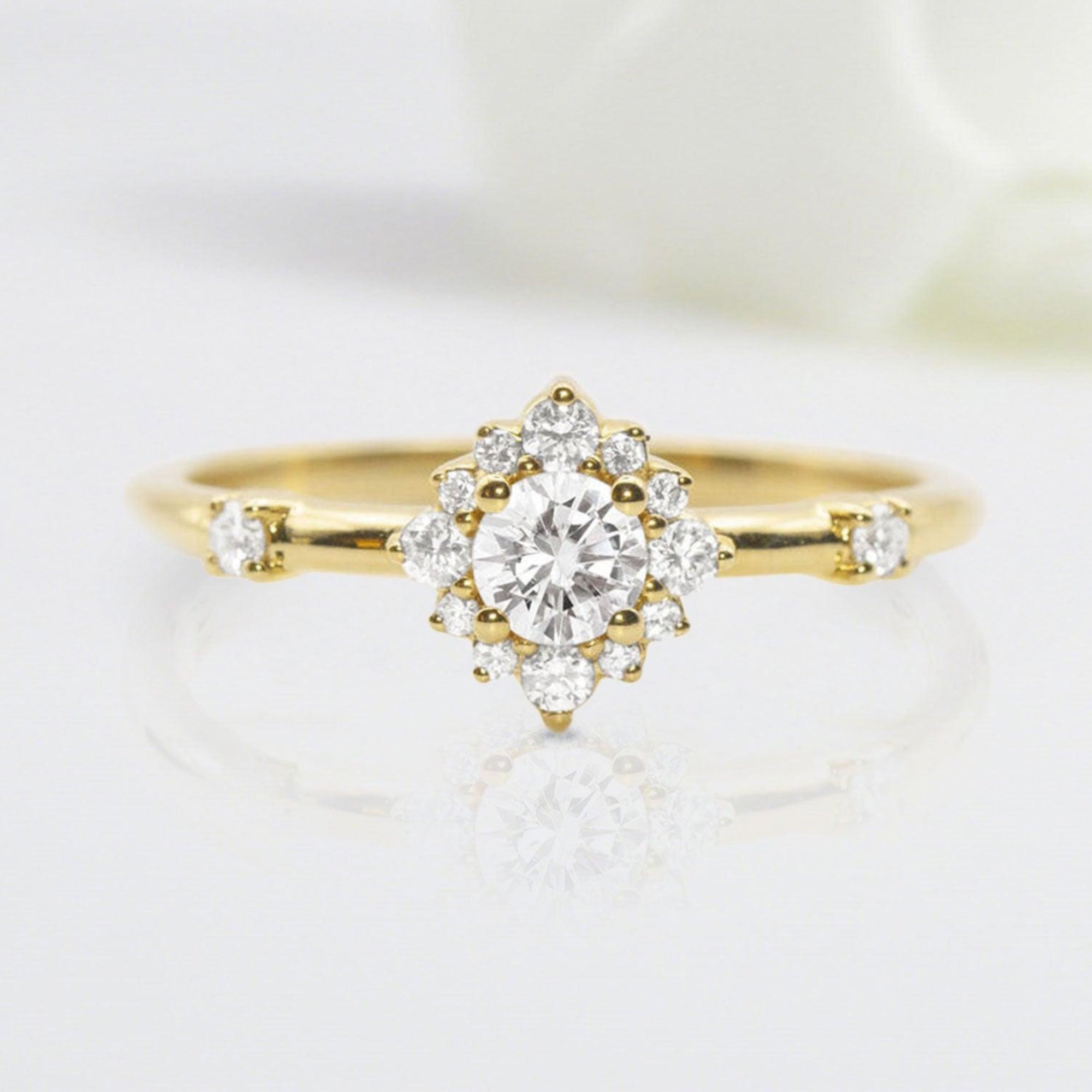 Unique Round Shaped Moissanite Wedding Ring Band Yellow Gold Halo-Style Moissanite Engagement Ring Curved Wedding Band Anniversary Rings For Women - Loveden Jewelry