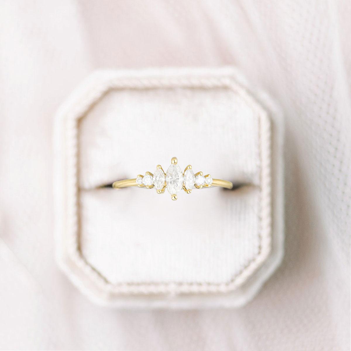 Unique Marquise Shaped Moissanite Wedding Ring Band Yellow Gold Maren Moissanite Engagement Ring Curved Wedding Band Anniversary Rings For Women - Loveden Jewelry