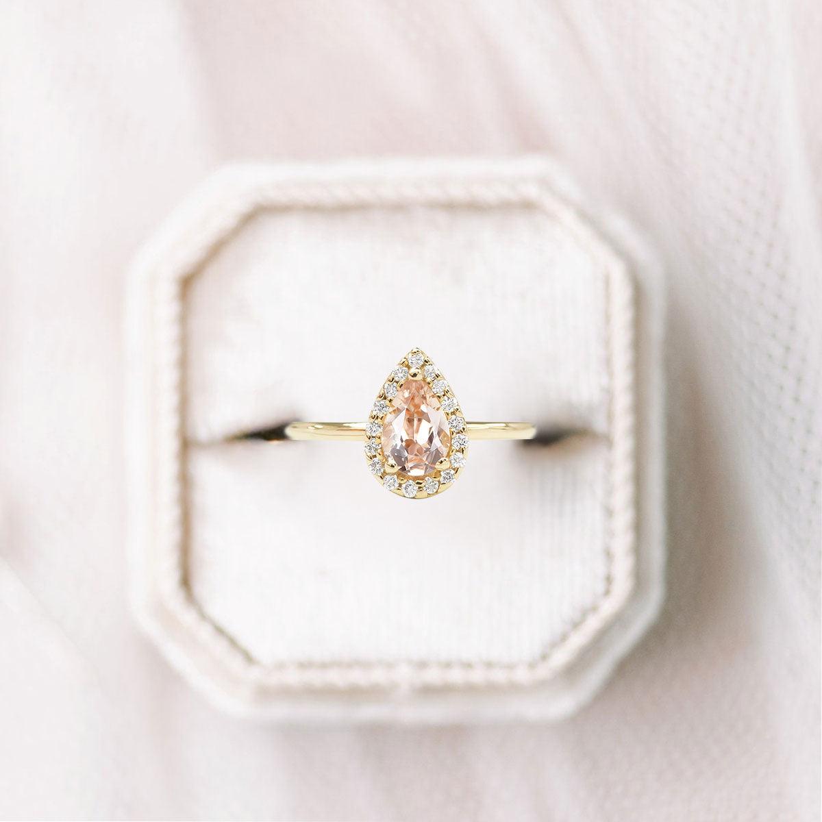 Unique Pear Shaped Morganite Wedding Ring Band Yellow Gold BRIDAL ROSE Halo Morganite Engagement Ring Curved Wedding Band Anniversary Rings For Women - Loveden Jewelry