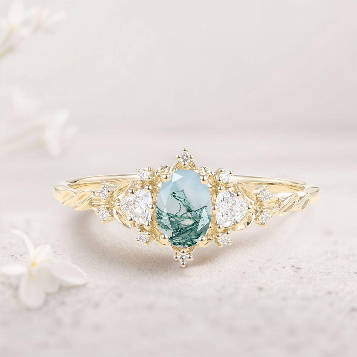 Classic Briar Rose Oval Moss Agate Olive Leaves Engagement Ring Fairy ...