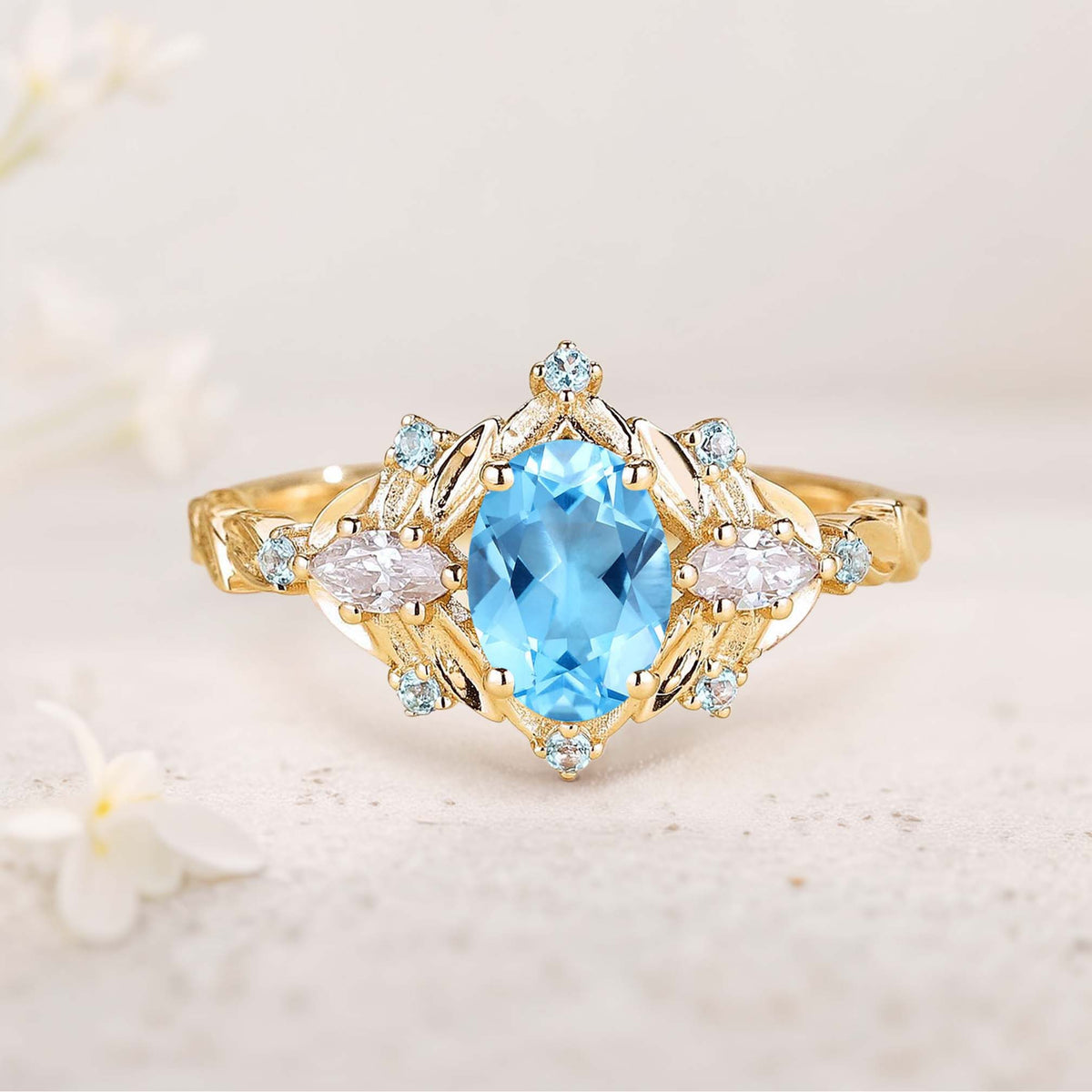 Unique floral engagement rings Oval Blue Lab Topaz Cluster Wedding Rin ...