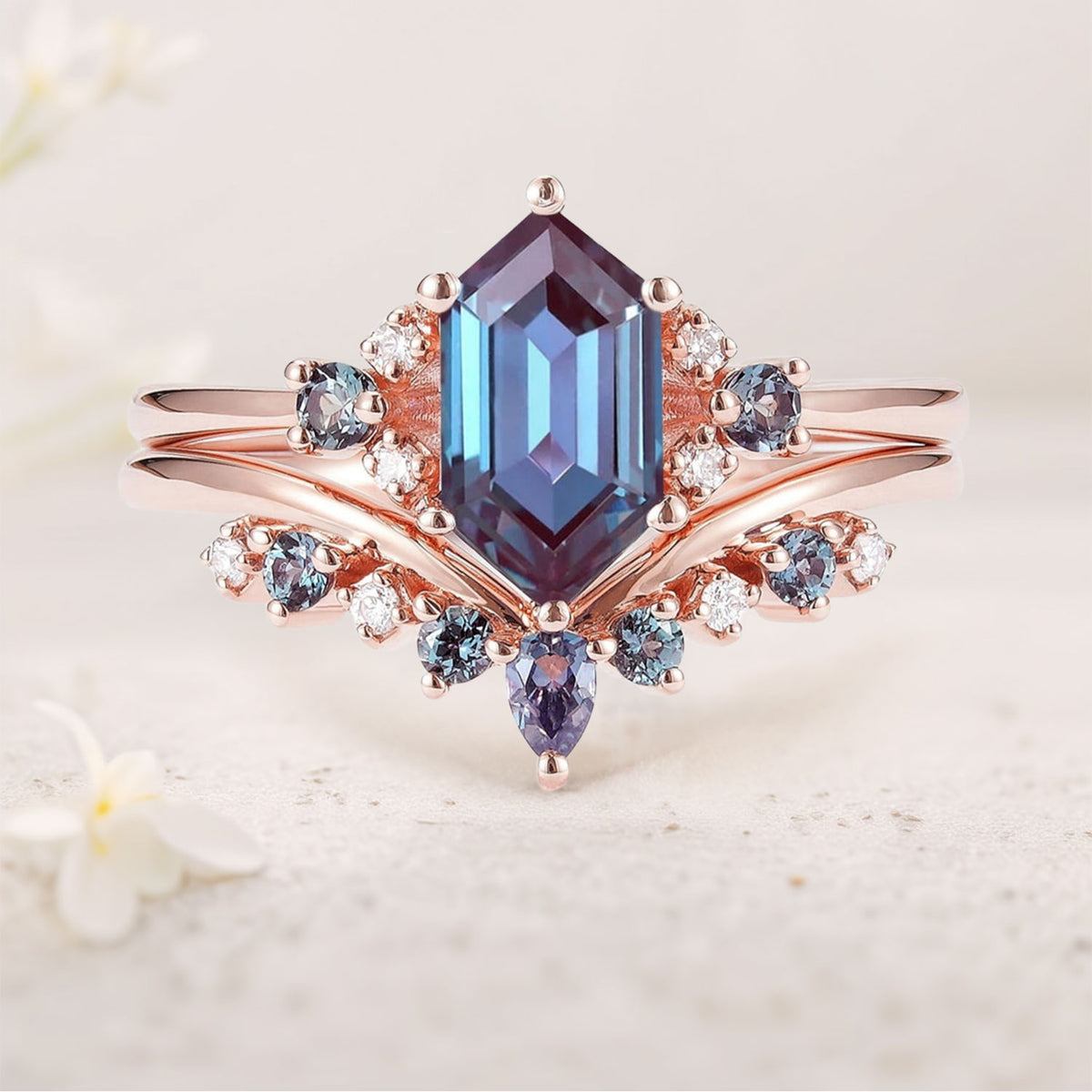 Unique Cluster Hexagon Cut Lab Alexandrite Seven Stone Gemstone Ring S ...