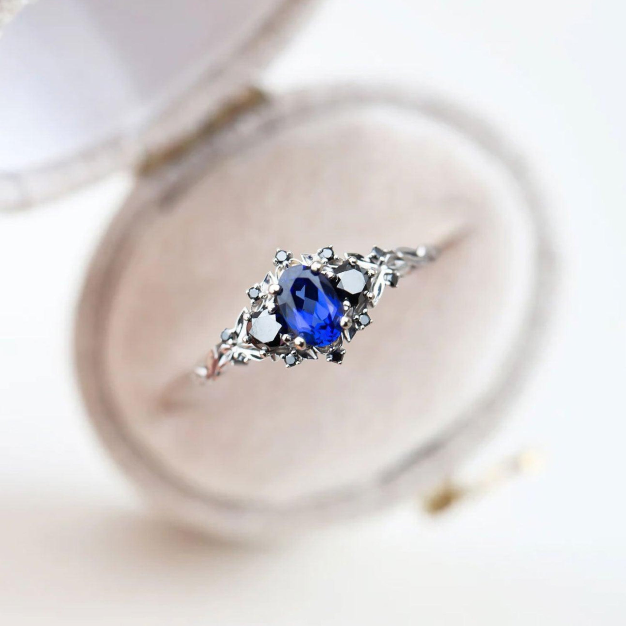 Unique Oval Shaped Blue Sapphire Wedding Ring Band White Gold Briar Rose Three Stone Sapphire Engagement Ring Curved Wedding Band Anniversary Rings For Women - Loveden Jewelry