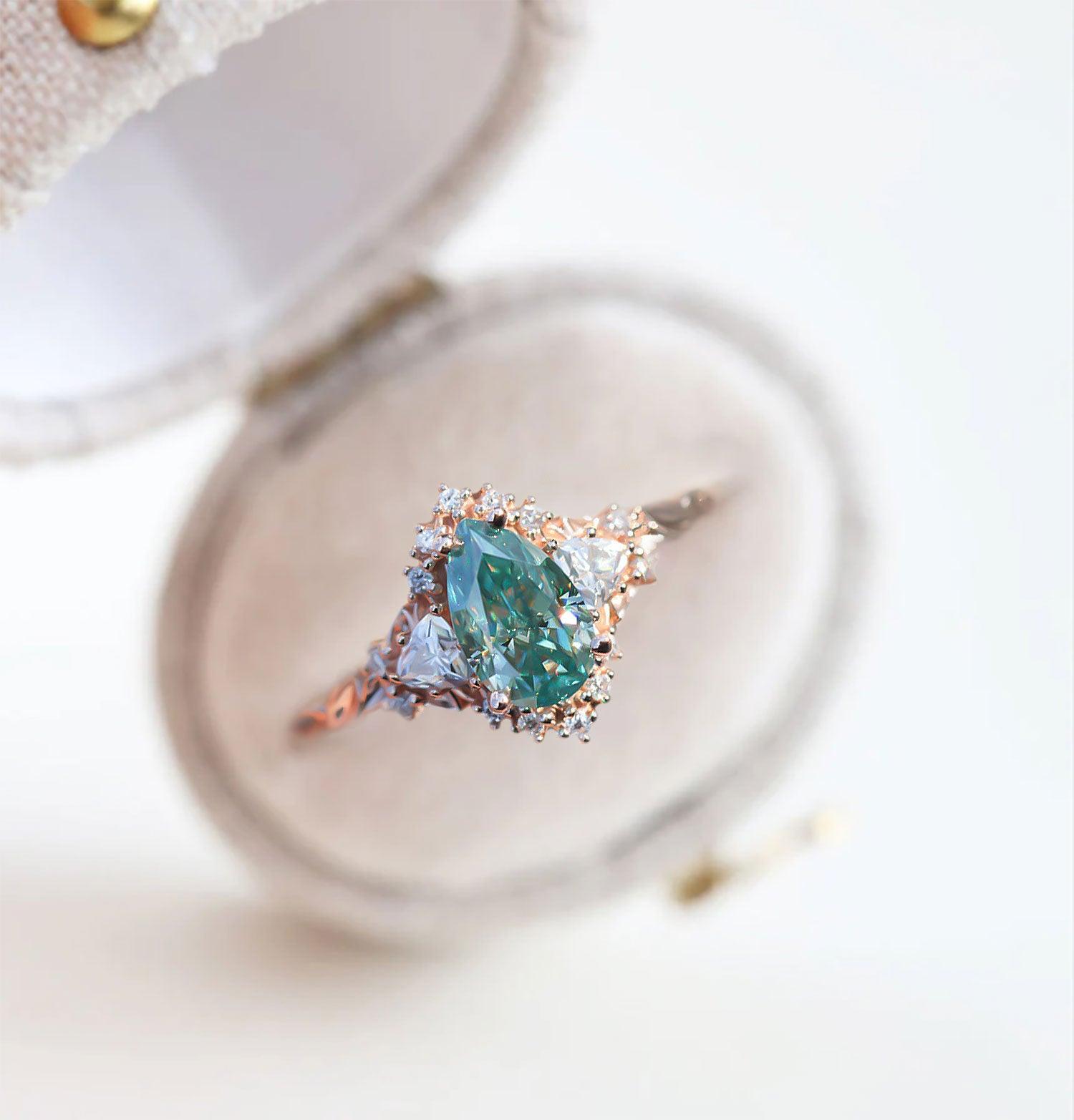 Unique Pear Shaped Teal Moissanite Wedding Ring Band Rose Gold Briar Half Halo Teal Moissanite Engagement Ring Curved Wedding Band Anniversary Rings For Women - Loveden Jewelry