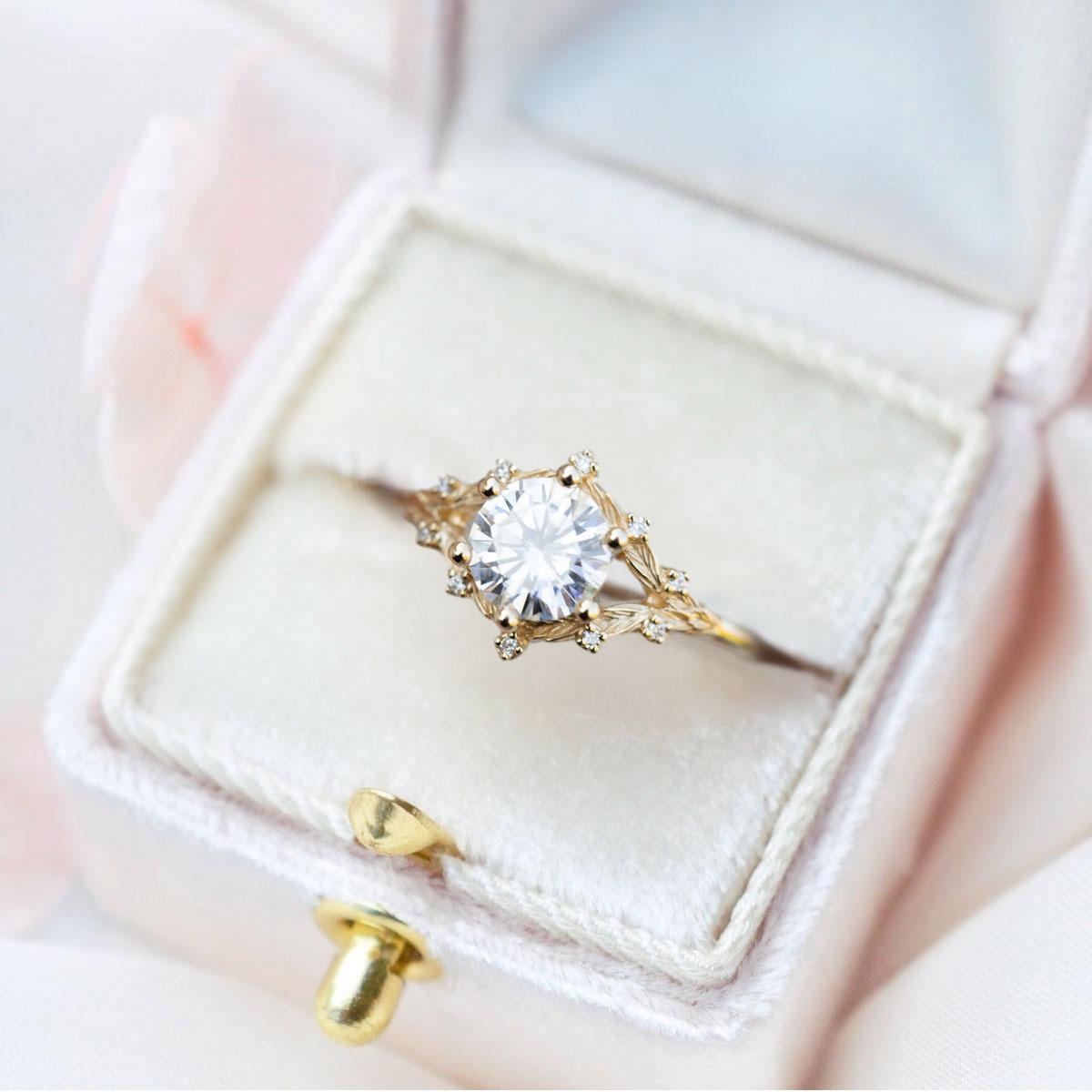 Unique Round Shaped Moissanite Wedding Ring Band Yellow Gold Woodland Solitaire Moissanite Engagement Ring Curved Wedding Band Anniversary Rings For Women - Loveden Jewelry