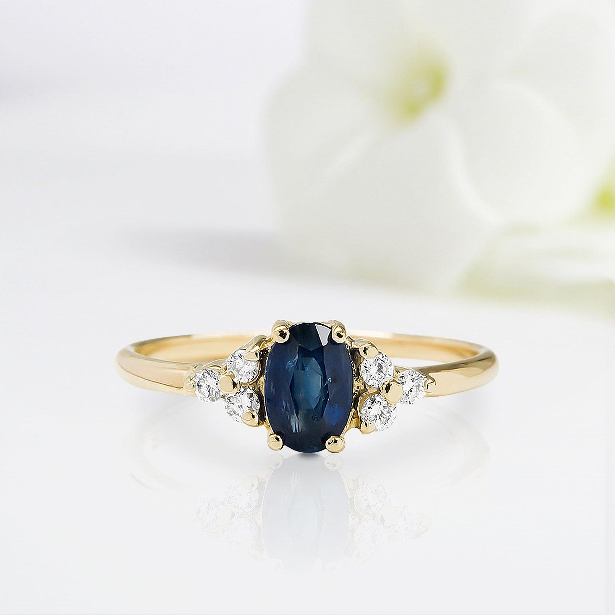 Classical Oval Shaped Blue Sapphire Wedding Ring Band Yellow Gold Blooms in Spring Sapphire Engagement Ring Curved Wedding Band Anniversary Rings For Women - Loveden Jewelry