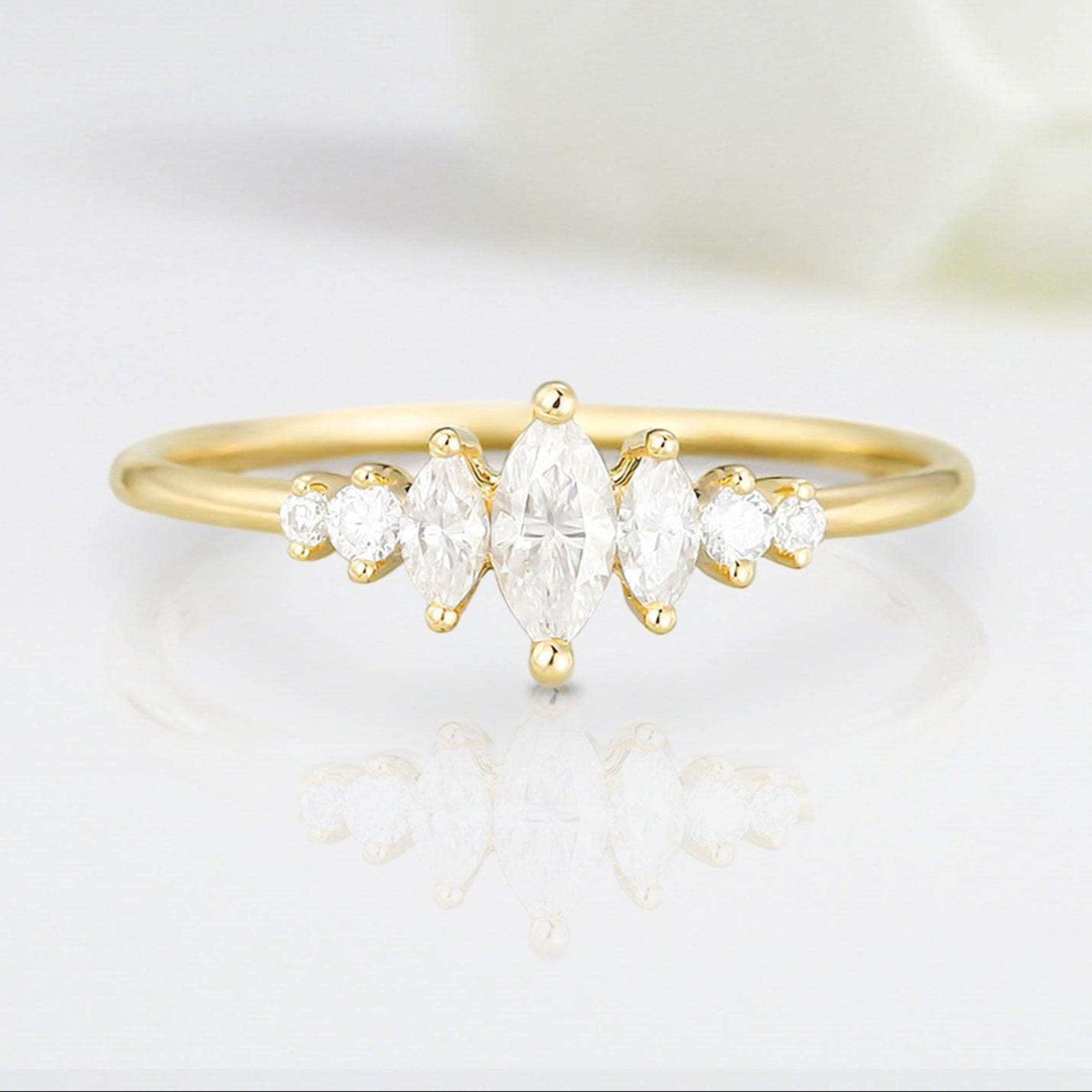 Unique Marquise Shaped Moissanite Wedding Ring Band Yellow Gold Maren Moissanite Engagement Ring Curved Wedding Band Anniversary Rings For Women - Loveden Jewelry