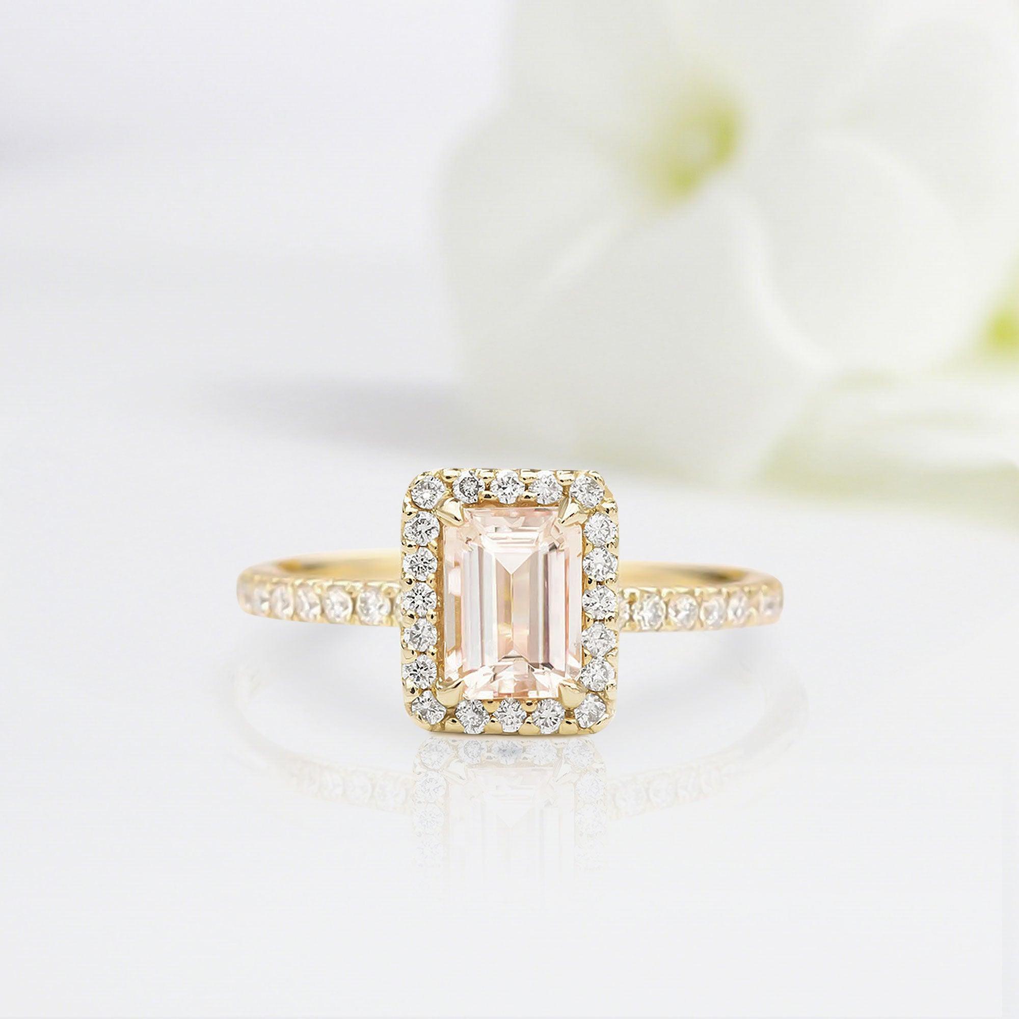 Classical Emerald Shaped Morganite Wedding Ring Band Yellow Gold Sparkling Rose Morganite Engagement Ring Curved Wedding Band Anniversary Rings For Women - Loveden Jewelry