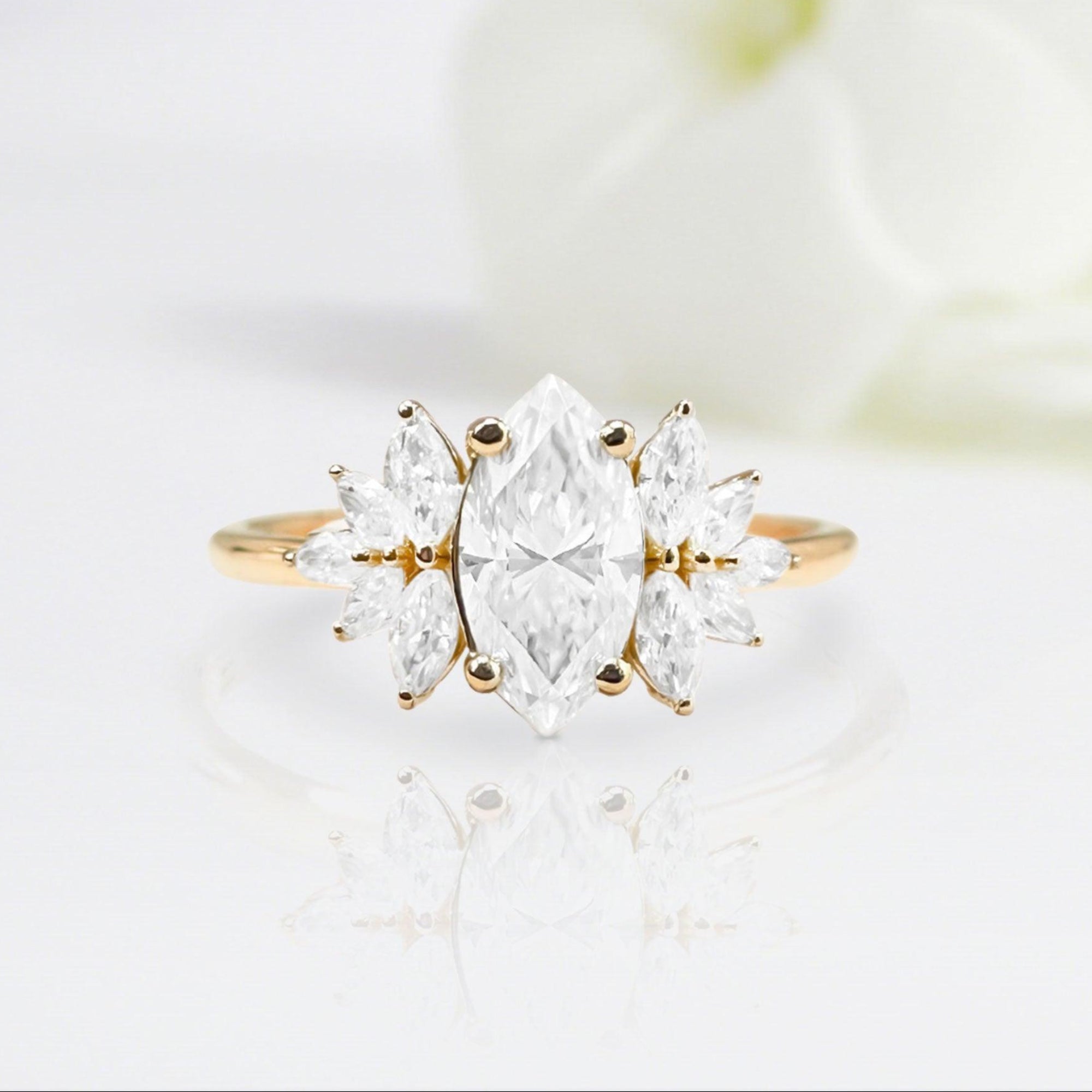 Unique Marquise Shaped Moissanite Wedding Ring Band Yellow Gold Emme Cluster Moissanite Engagement Ring Curved Wedding Band Anniversary Rings For Women - Loveden Jewelry