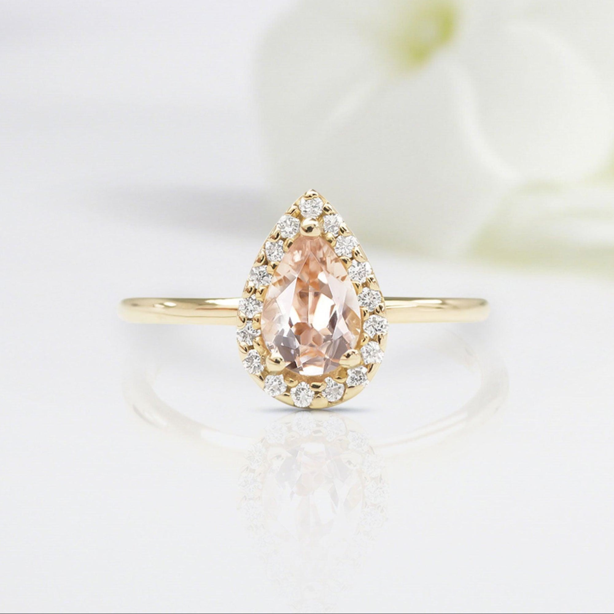 Unique Pear Shaped Morganite Wedding Ring Band Yellow Gold BRIDAL ROSE Halo Morganite Engagement Ring Curved Wedding Band Anniversary Rings For Women - Loveden Jewelry