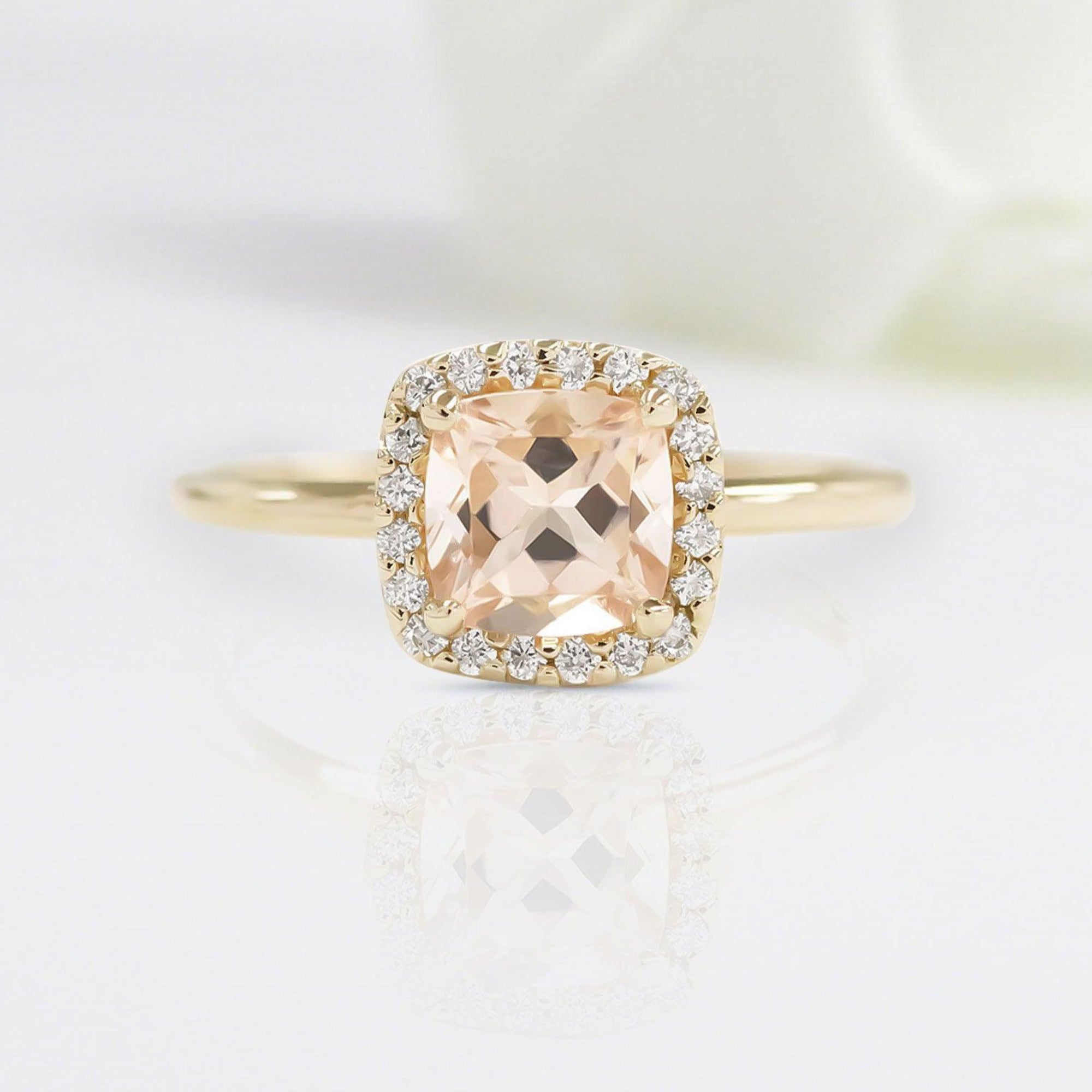 Vintage Cushion Shaped Morganite Wedding Ring Band Yellow Gold BRIDAL ROSE Halo Morganite Engagement Ring Curved Wedding Band Anniversary Rings For Women - Loveden Jewelry