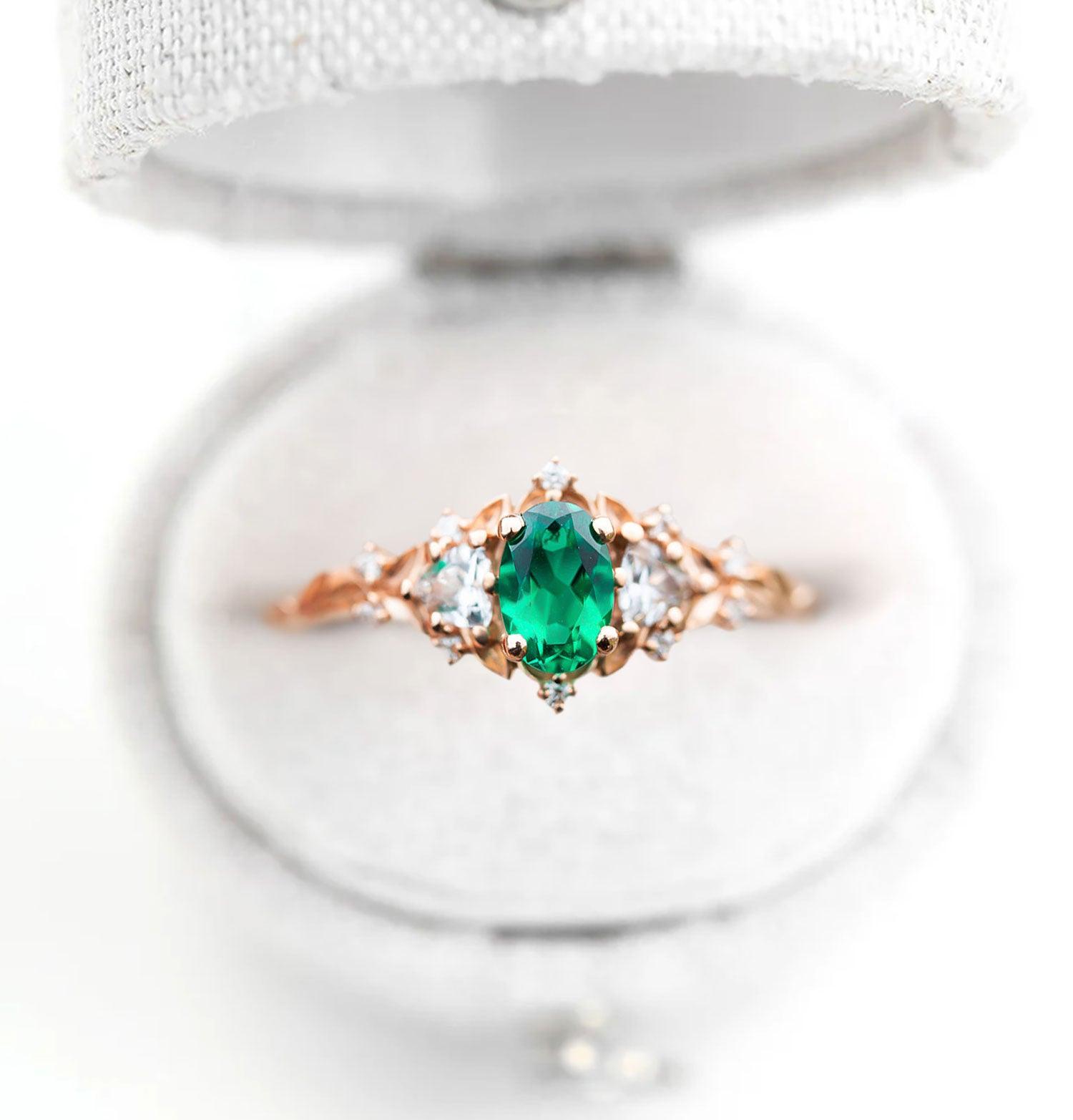 Unique Oval Shaped Emerald Wedding Ring Band White Gold Briar Rose Three Stone Emerald Engagement Ring Curved Wedding Band Anniversary Rings For Women - Loveden Jewelry