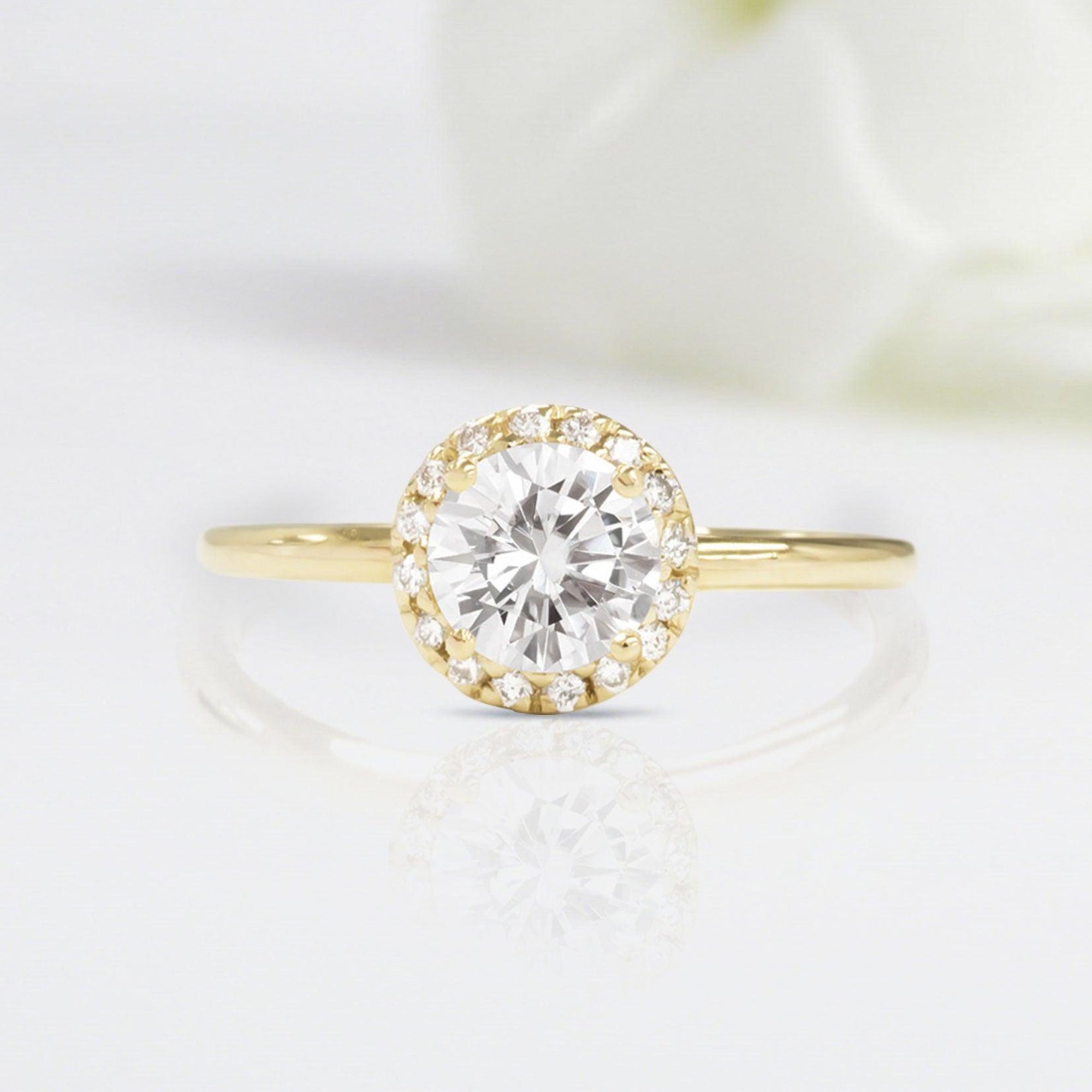 Unique Round Shaped Moissanite Wedding Ring Band Yellow Gold Brocade Halo Moissanite Engagement Ring Curved Wedding Band Anniversary Rings For Women - Loveden Jewelry