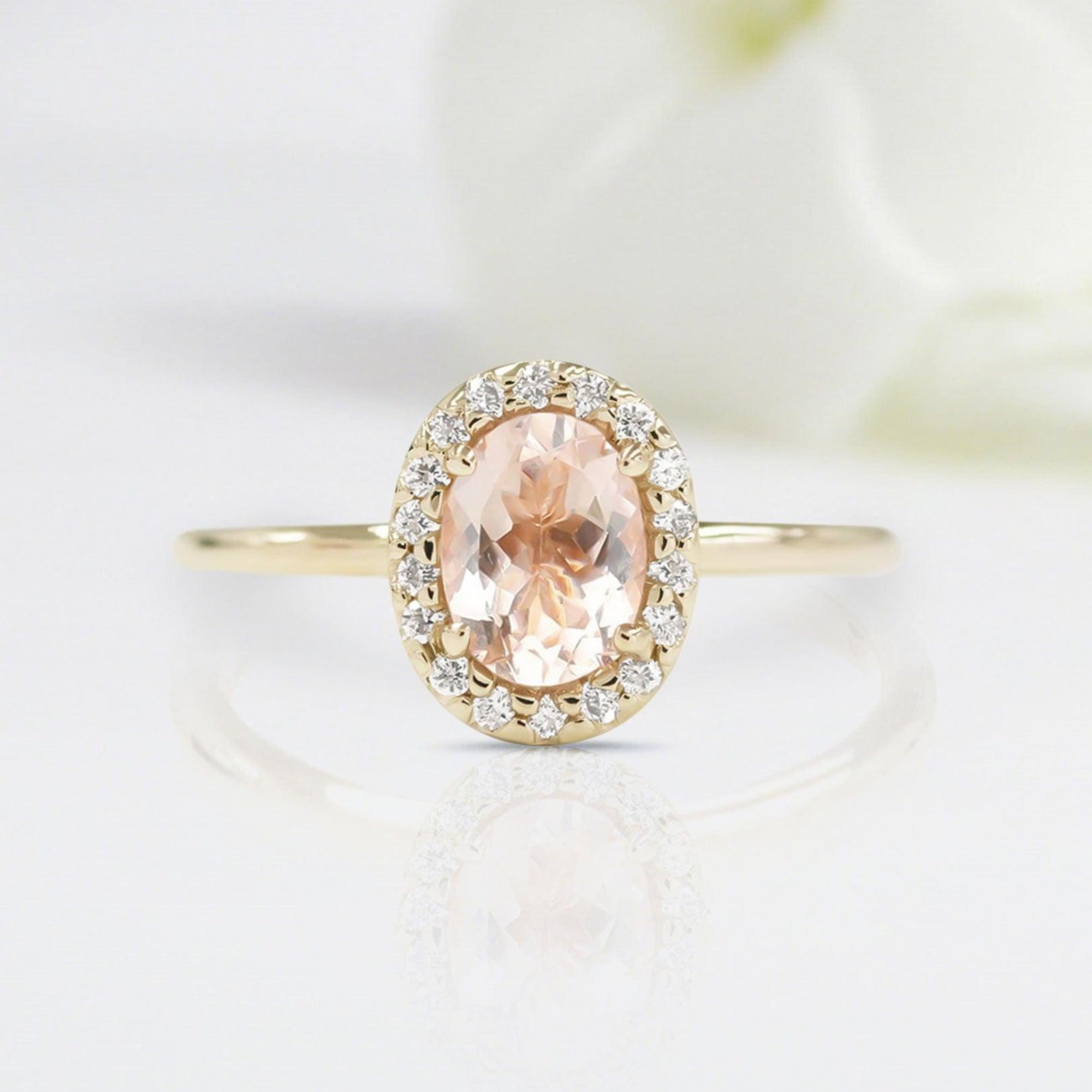 Vintage Oval Shaped Morganite Wedding Ring Band Yellow Gold BRIDAL ROSE Halo Moissanite Engagement Ring Curved Wedding Band Anniversary Rings For Women - Loveden Jewelry