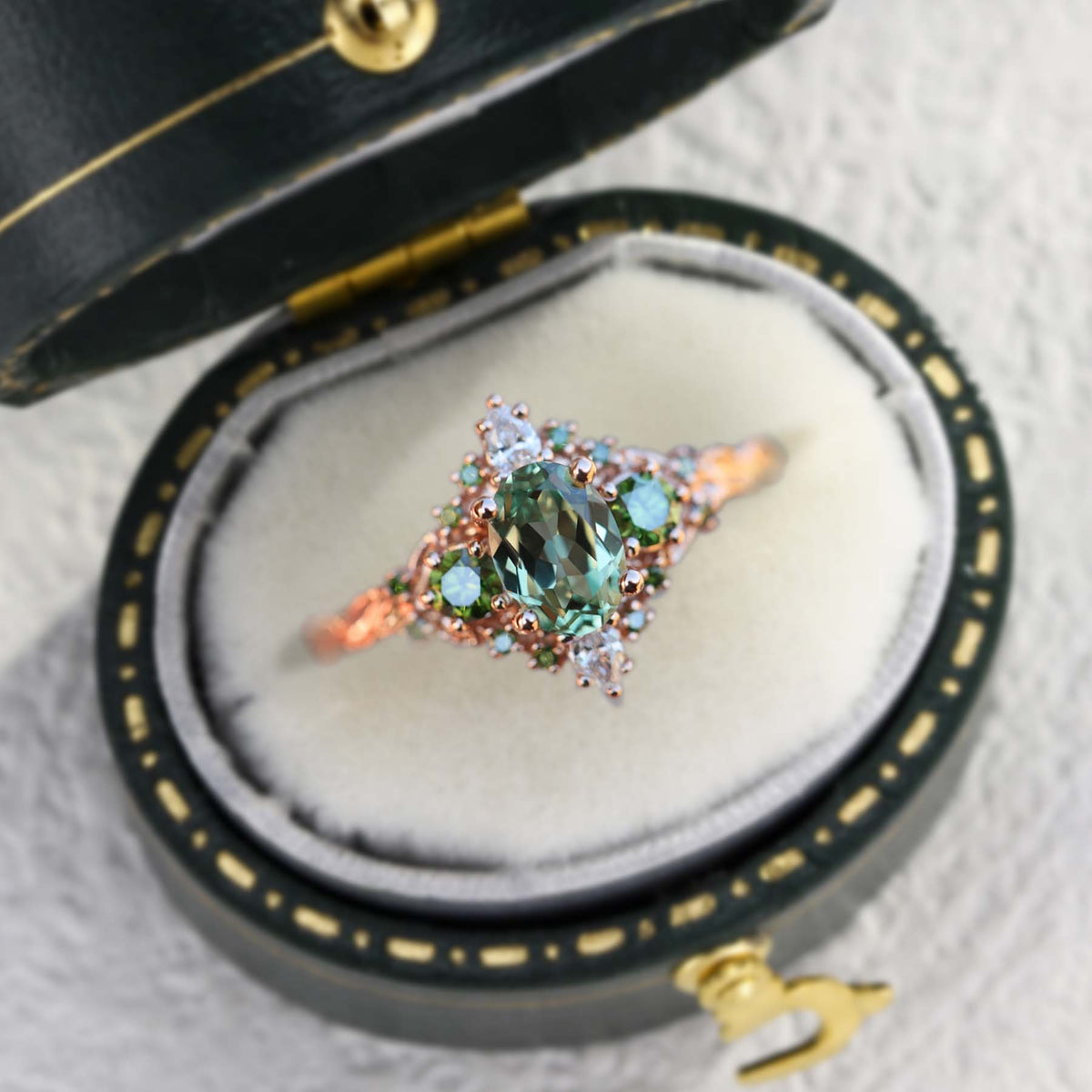 Unique Oval Shaped Green Lab Sapphire Wedding Ring Band Rose Gold ...