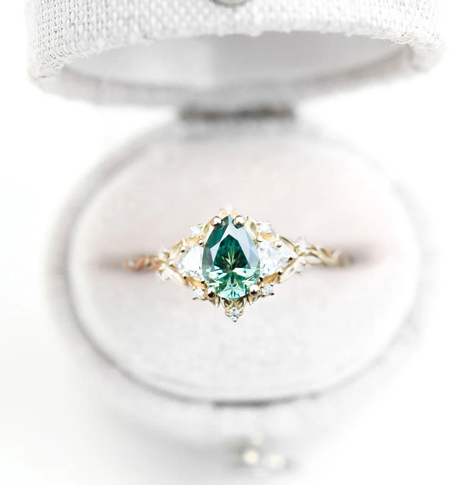 Unique Pear Shaped Teal Moissanite Wedding Ring Band Yellow Gold Briar Rose Three Stone Teal Moissanite Engagement Ring Curved Wedding Band Anniversary Rings For Women - Loveden Jewelry