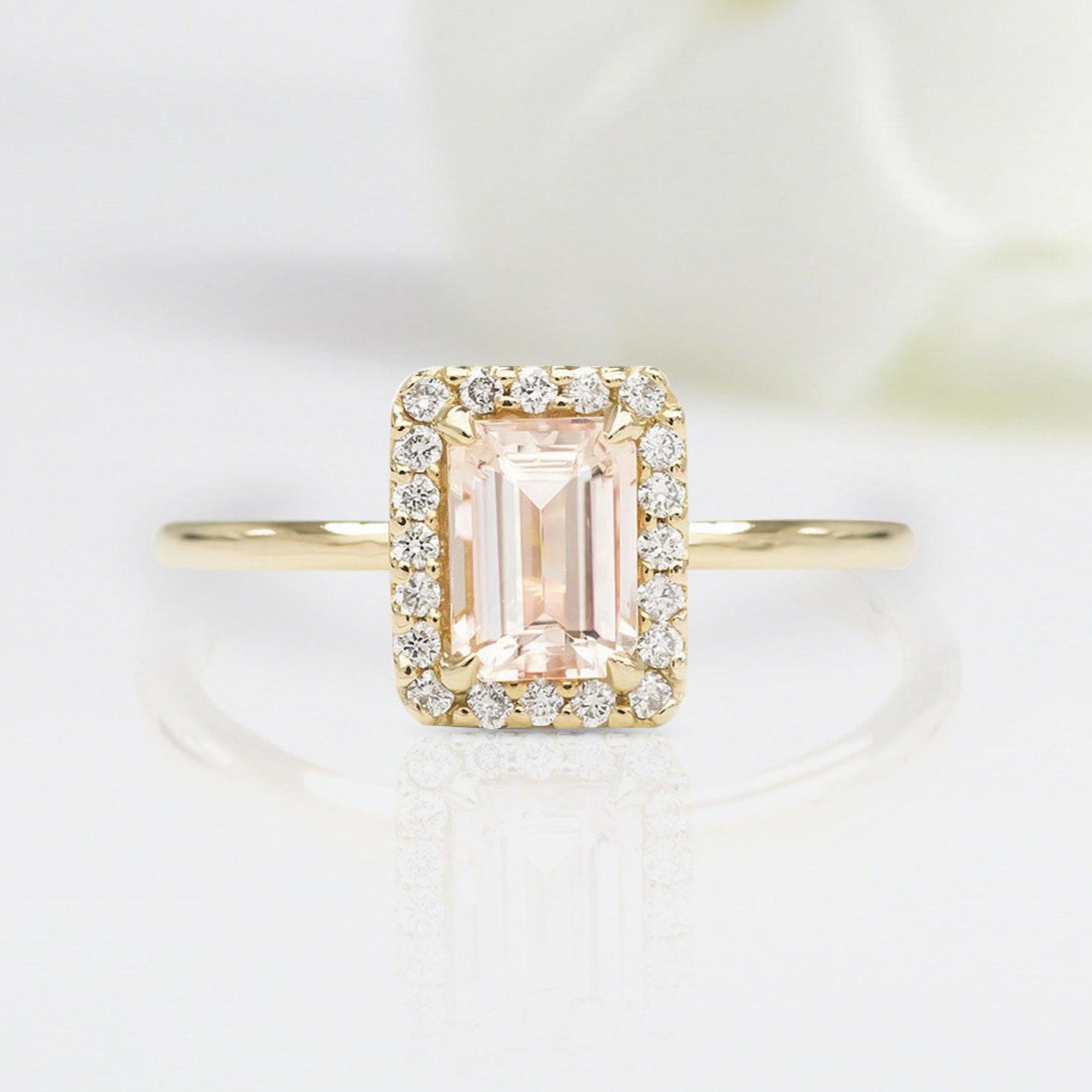 Vintage Emerald Shaped Morganite Wedding Ring Band Yellow Gold BRIDAL ROSE Halo Morganite Engagement Ring Curved Wedding Band Anniversary Rings For Women - Loveden Jewelry