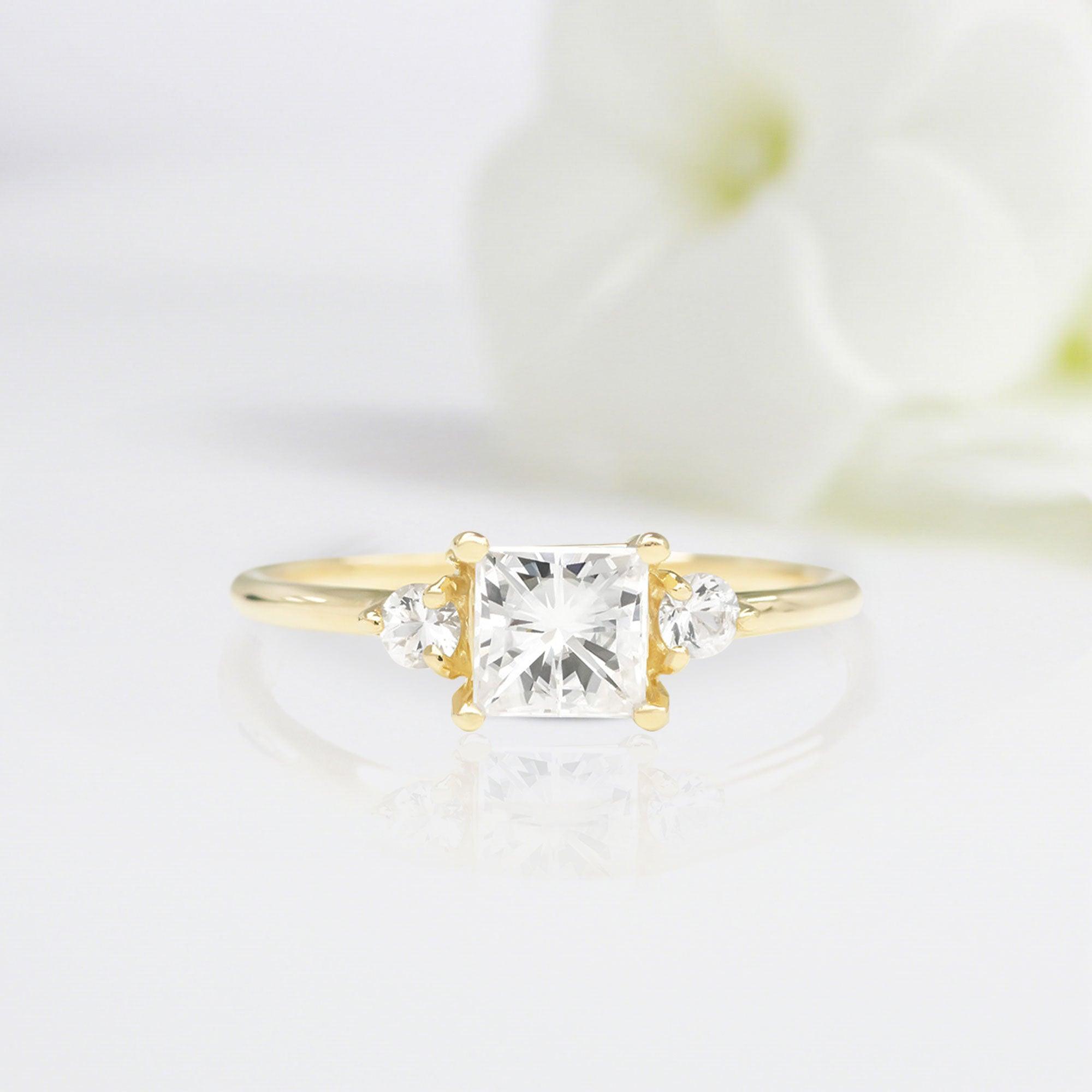 Unique Princess Shaped Moissanite Wedding Ring Band Yellow Gold Blushing Bride Moissanite Engagement Ring Curved Wedding Band Anniversary Rings For Women - Loveden Jewelry