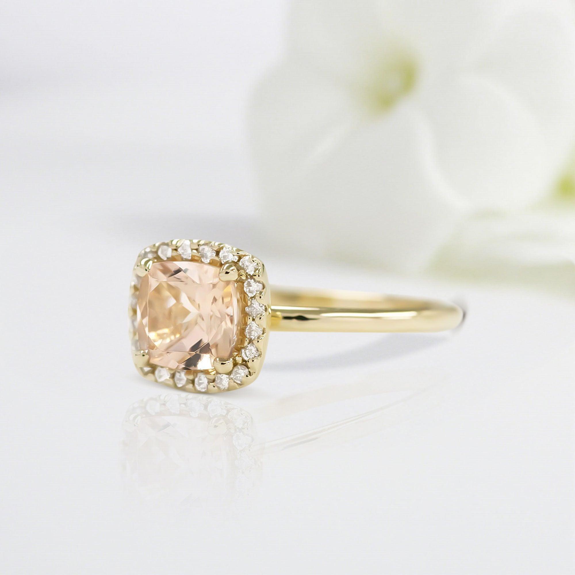 Vintage Cushion Shaped Morganite Wedding Ring Band Yellow Gold BRIDAL ROSE Halo Morganite Engagement Ring Curved Wedding Band Anniversary Rings For Women - Loveden Jewelry