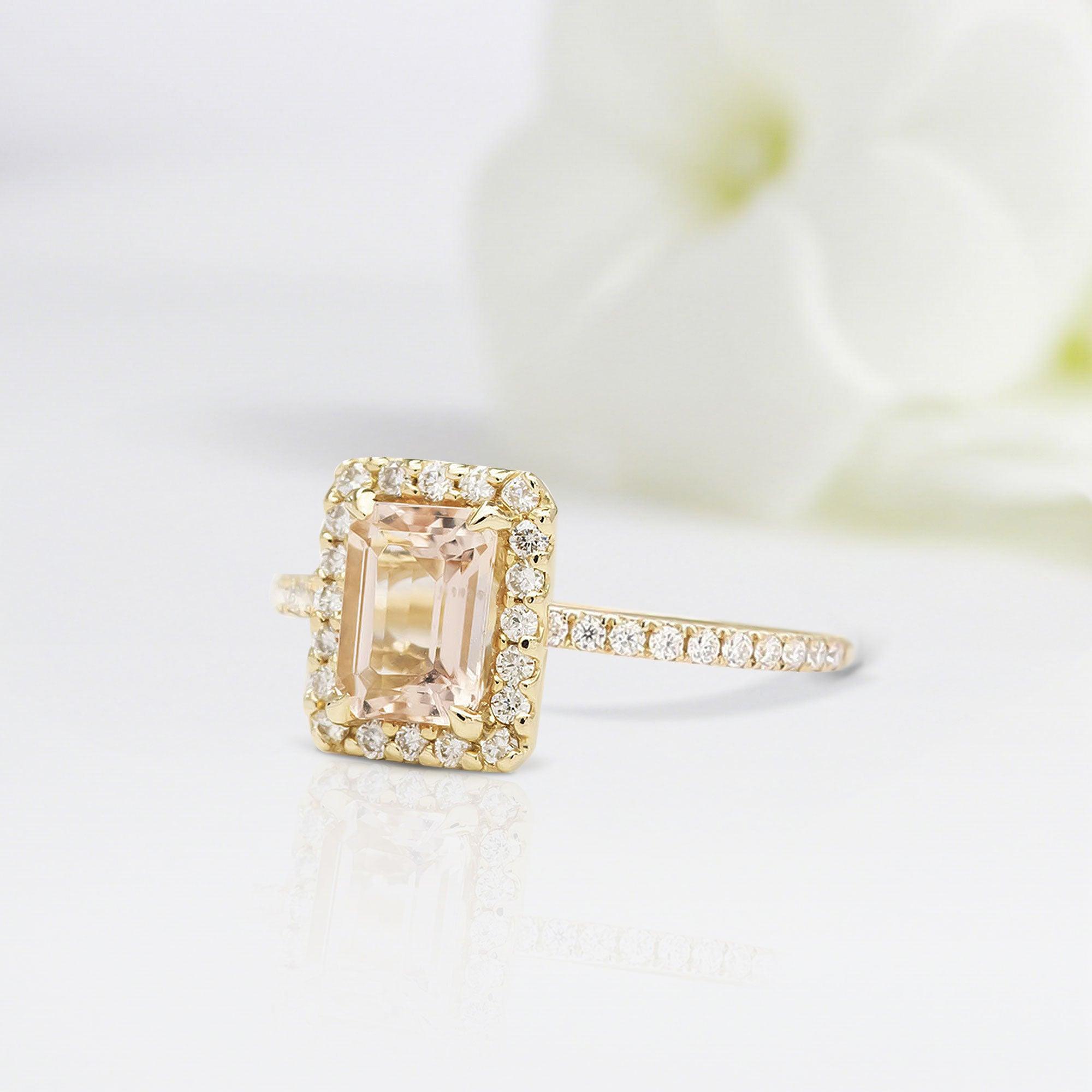 Classical Emerald Shaped Morganite Wedding Ring Band Yellow Gold Sparkling Rose Morganite Engagement Ring Curved Wedding Band Anniversary Rings For Women - Loveden Jewelry