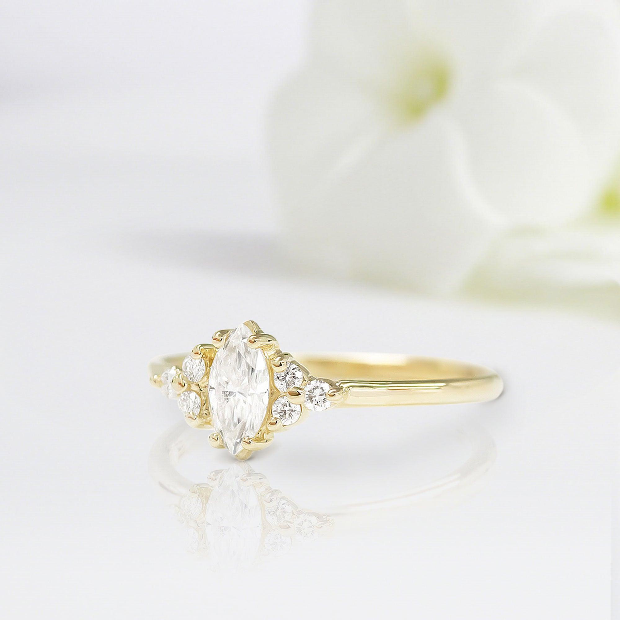 Vintage Marquise Shaped Moissanite Wedding Ring Band Yellow Gold First Frost of Fall Moissanite Engagement Ring Curved Wedding Band Anniversary Rings For Women - Loveden Jewelry