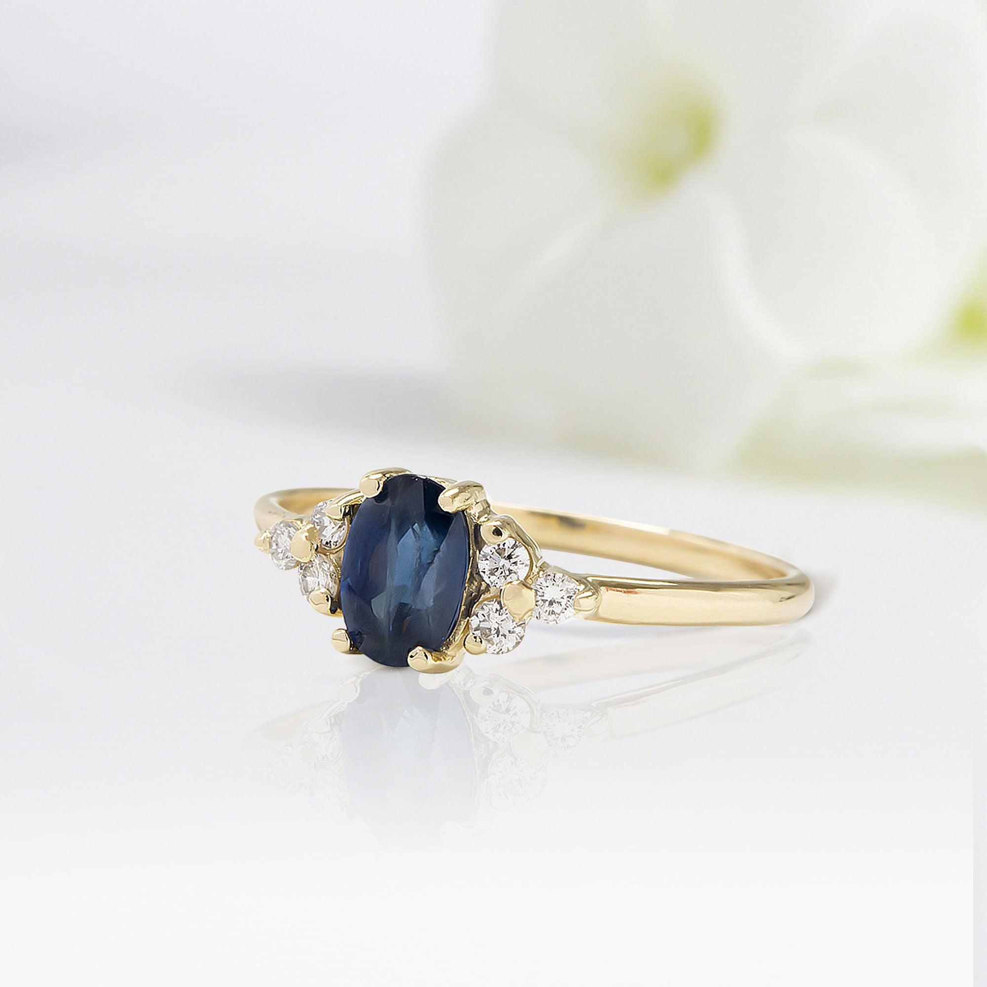 Classical Oval Shaped Blue Sapphire Wedding Ring Band Yellow Gold Blooms in Spring Sapphire Engagement Ring Curved Wedding Band Anniversary Rings For Women - Loveden Jewelry