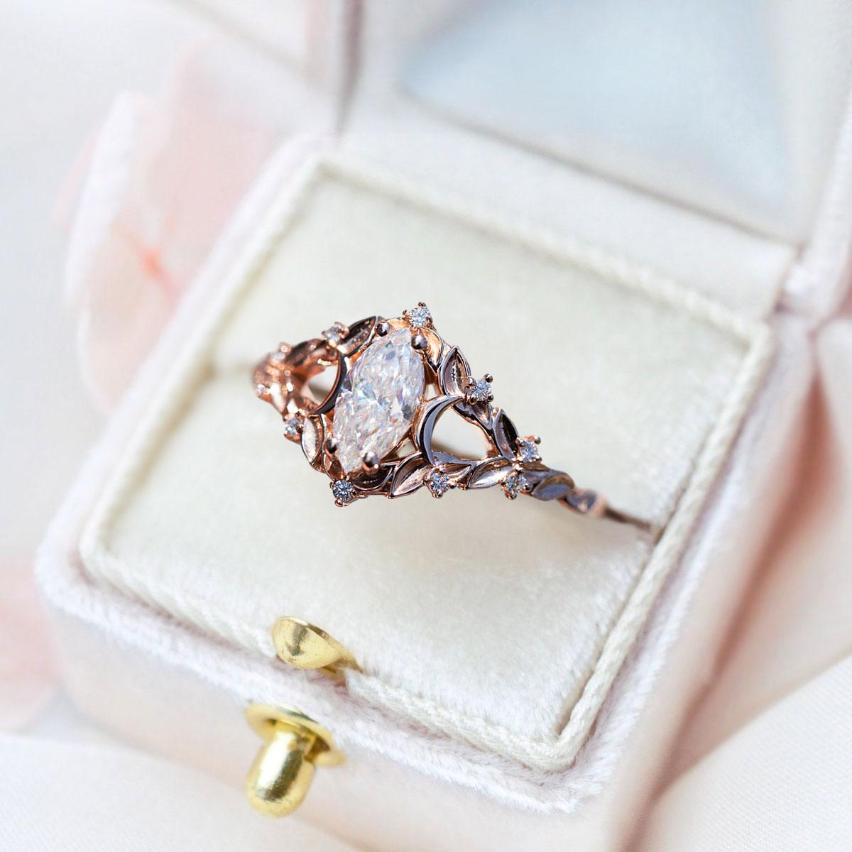 Unique Marquise Shaped Moissanite Wedding Ring Band Rose Gold Briar Moon Setting Moissanite Engagement Ring Curved Wedding Band Anniversary Rings For Women - Loveden Jewelry