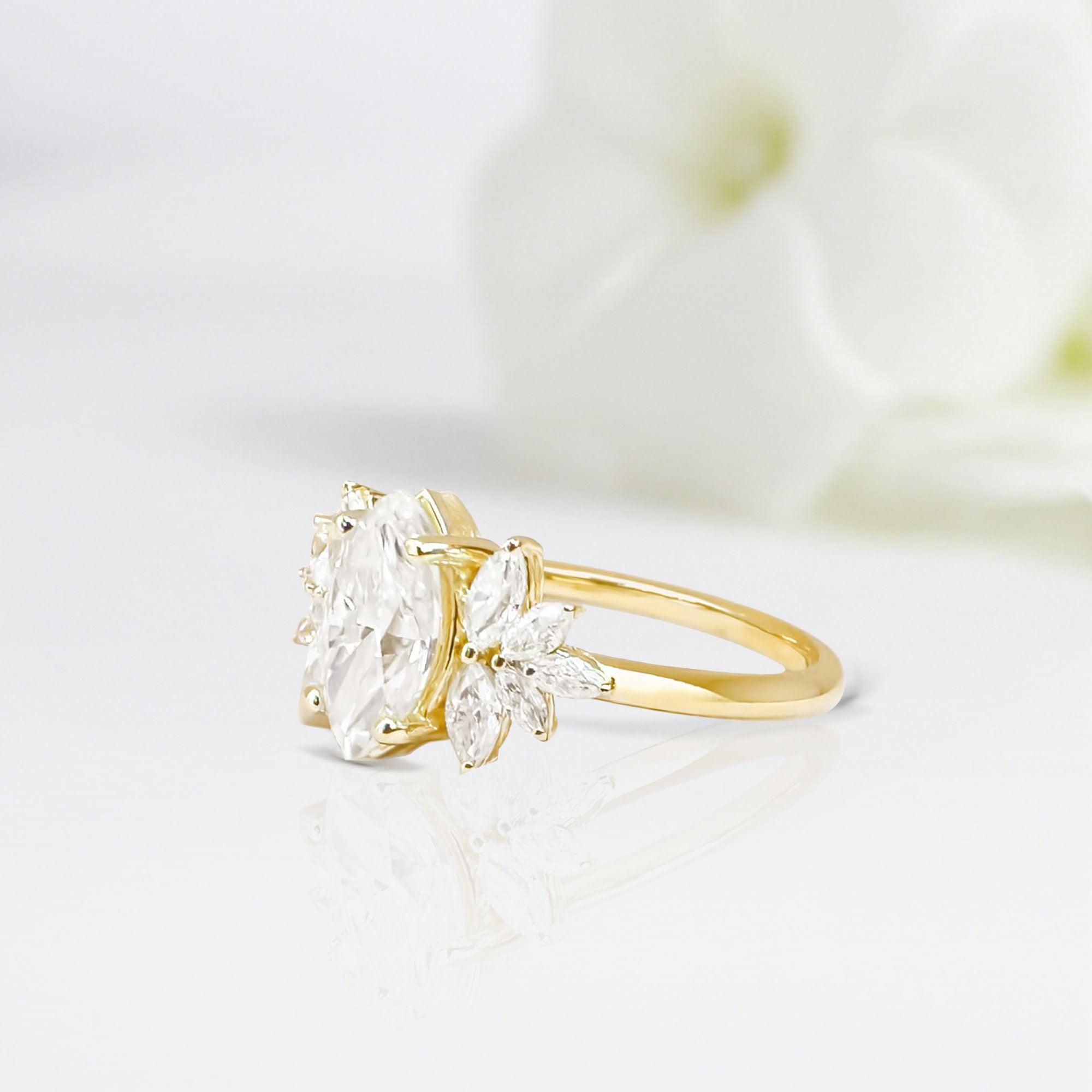 Unique Marquise Shaped Moissanite Wedding Ring Band Yellow Gold Emme Cluster Moissanite Engagement Ring Curved Wedding Band Anniversary Rings For Women - Loveden Jewelry