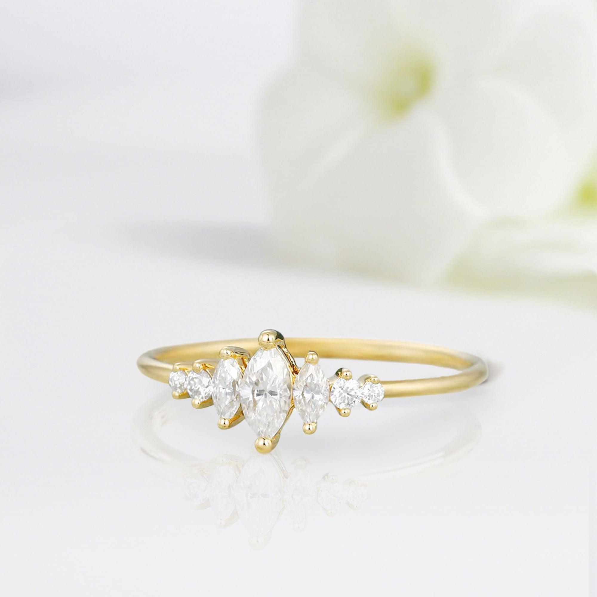 Unique Marquise Shaped Moissanite Wedding Ring Band Yellow Gold Maren Moissanite Engagement Ring Curved Wedding Band Anniversary Rings For Women - Loveden Jewelry