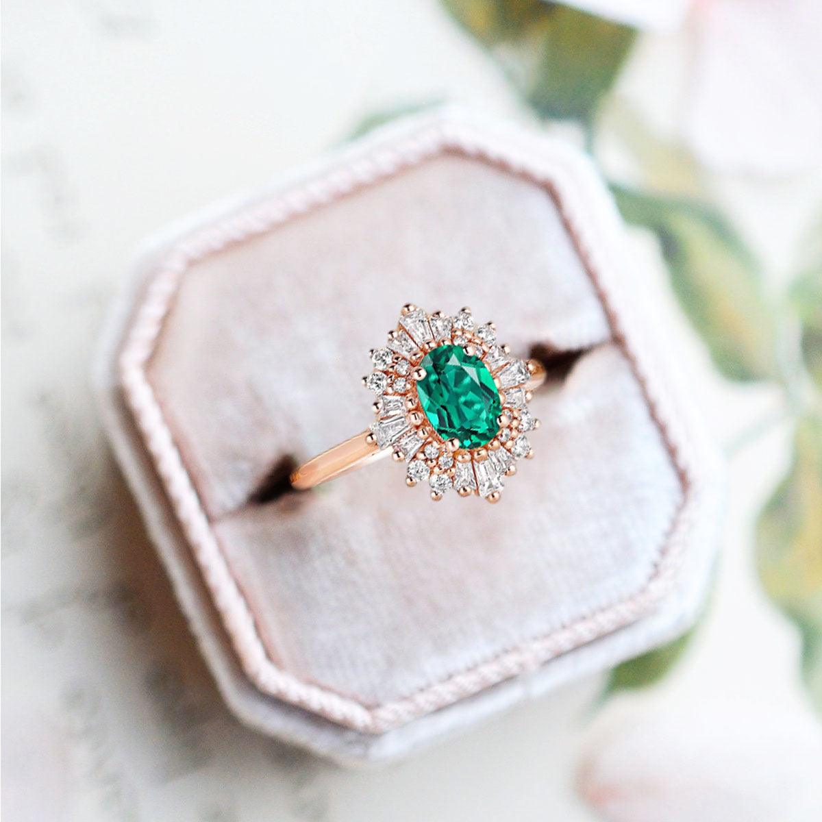 Unique Oval Shaped Emerald Wedding Ring Band Rose Gold Halo Gatsby Emerald Engagement Ring Curved Wedding Band Anniversary Rings For Women - Loveden Jewelry