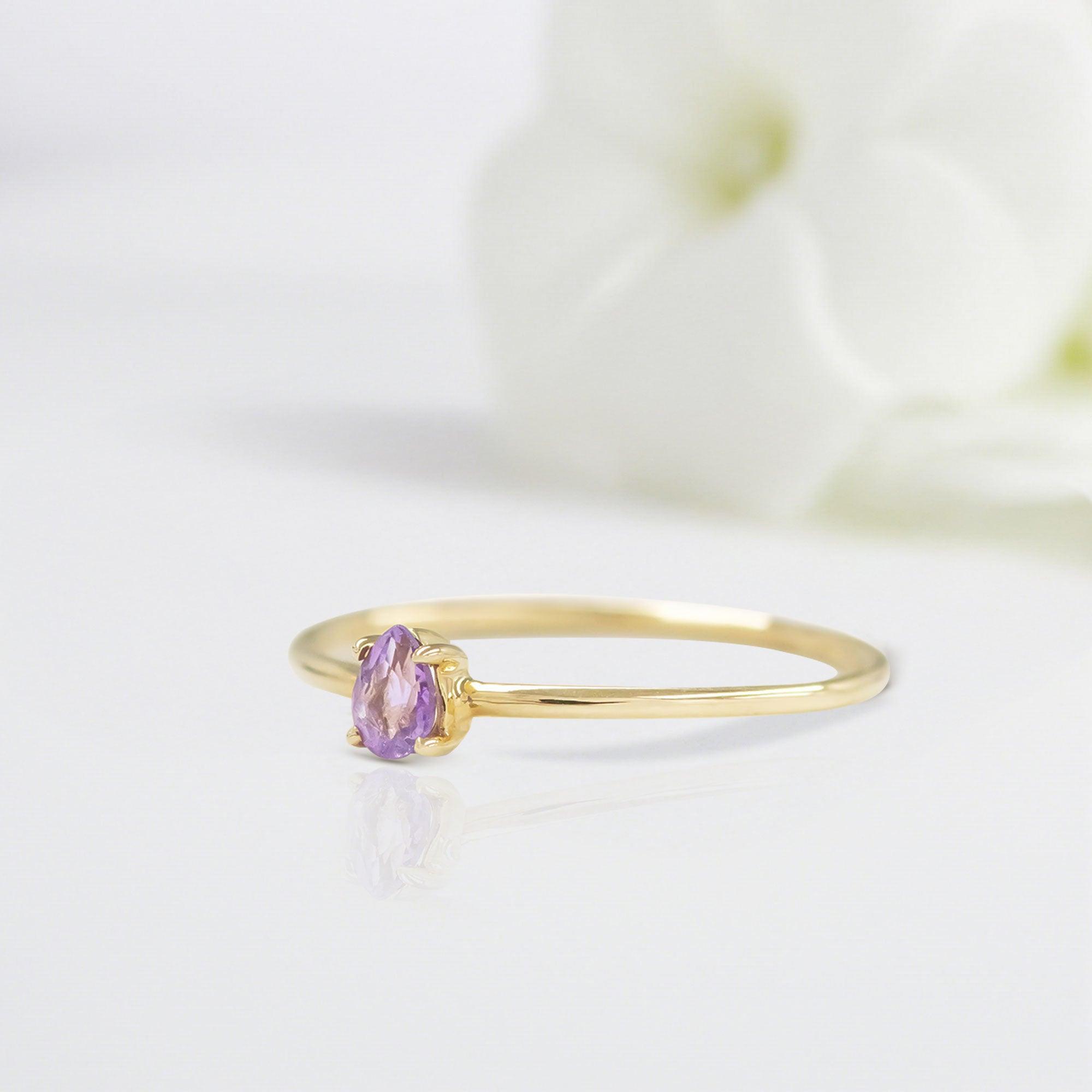 Vintage Pear Shaped Amethyst Wedding Ring Band Yellow Gold Sweet Nothings Amethyst Engagement Ring Curved Wedding Band Anniversary Rings For Women - Loveden Jewelry