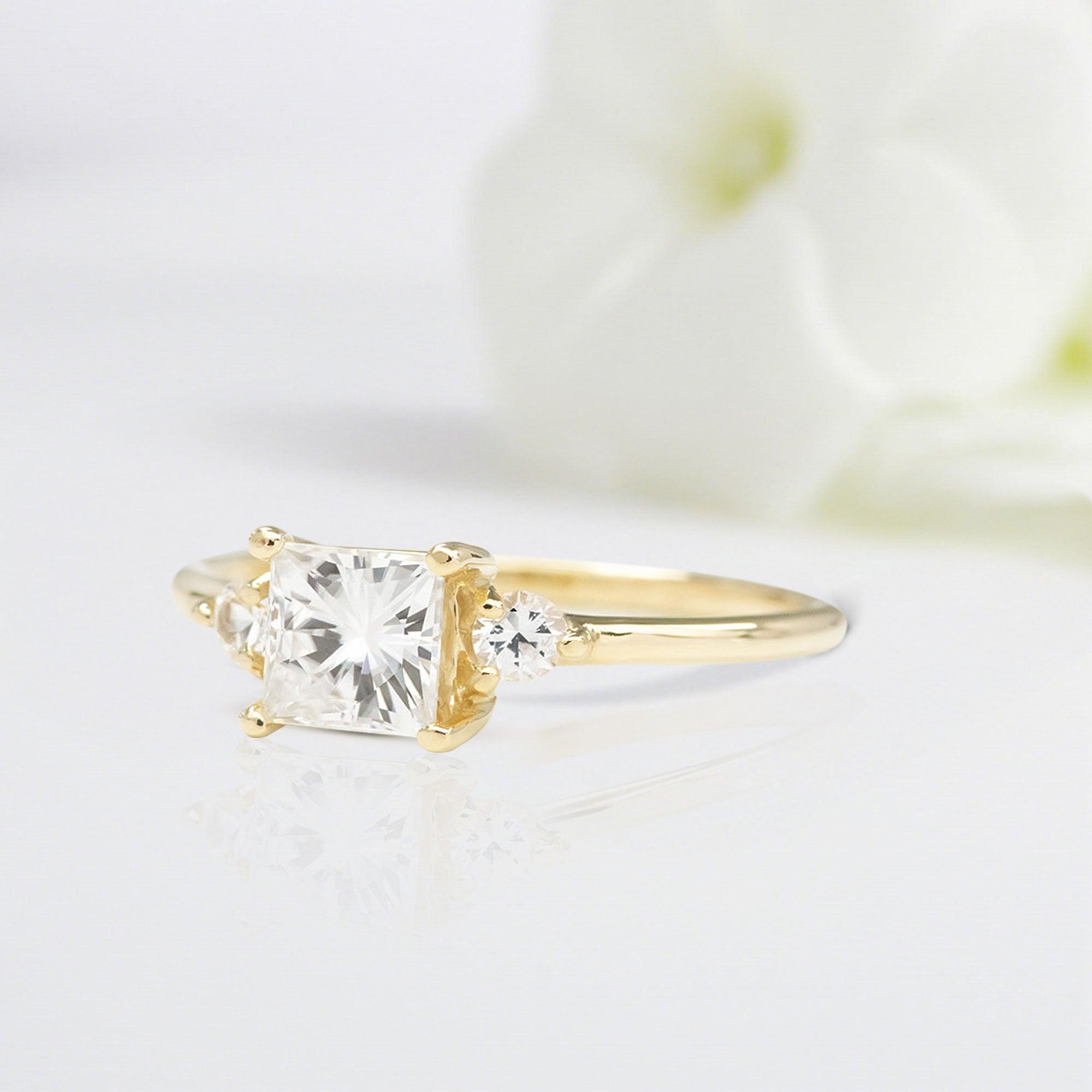 Unique Princess Shaped Moissanite Wedding Ring Band Yellow Gold Blushing Bride Moissanite Engagement Ring Curved Wedding Band Anniversary Rings For Women - Loveden Jewelry