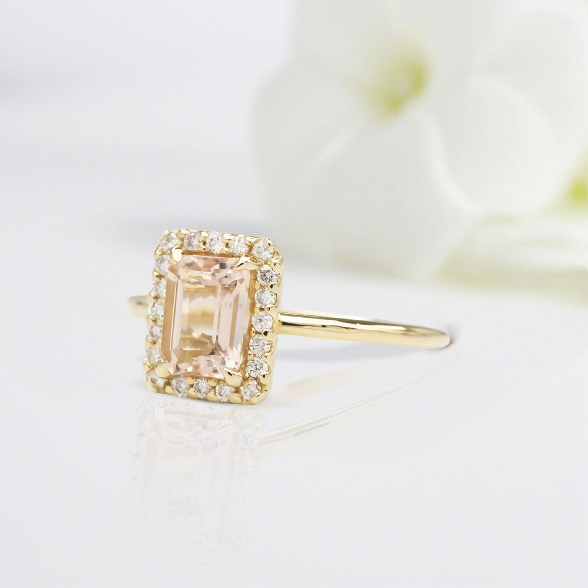 Vintage Emerald Shaped Morganite Wedding Ring Band Yellow Gold BRIDAL ROSE Halo Morganite Engagement Ring Curved Wedding Band Anniversary Rings For Women - Loveden Jewelry