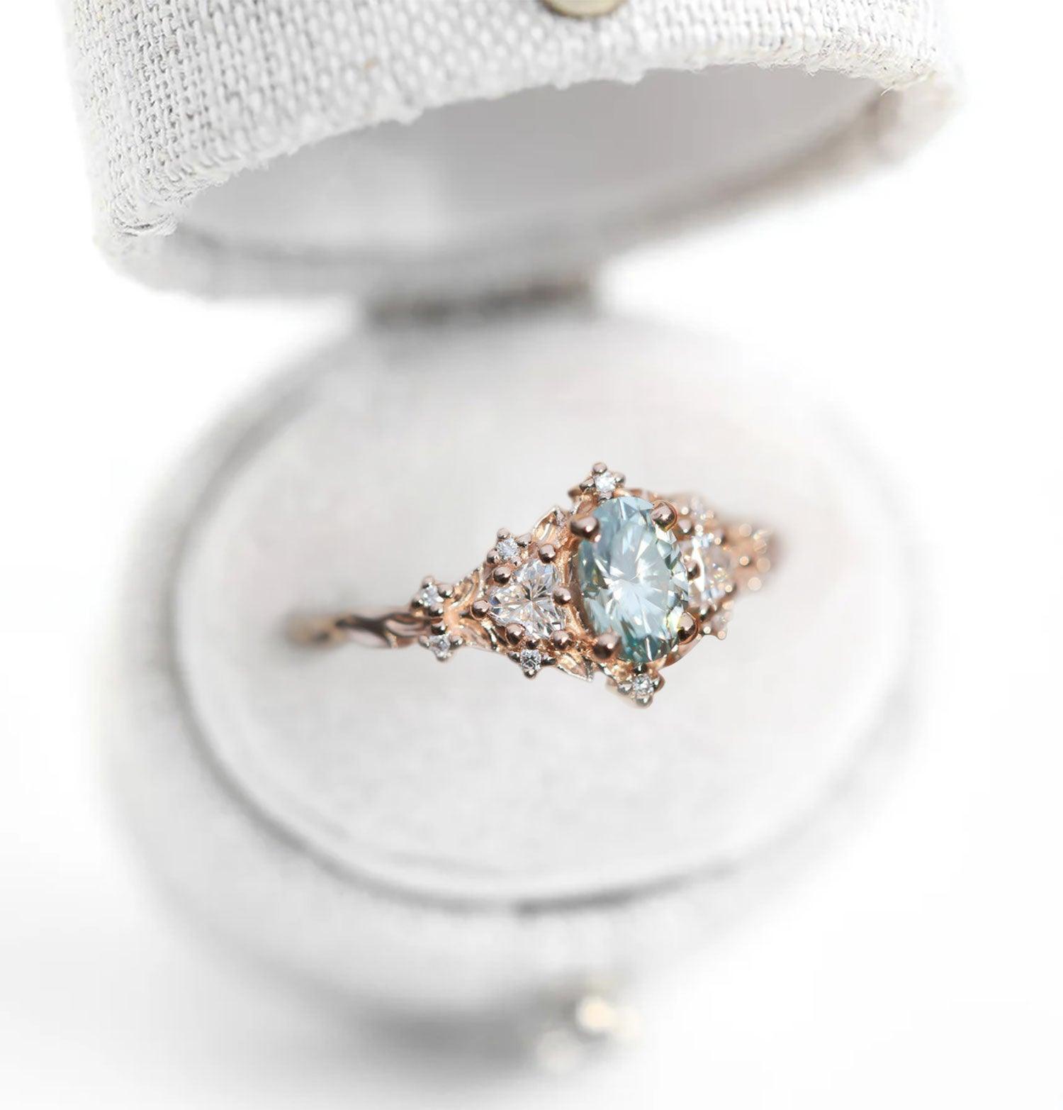 Unique Oval Shaped Teal Moissanite Wedding Ring Band Rose Gold Briar Rose Three Stone Teal Moissanite Engagement Ring Curved Wedding Band Anniversary Rings For Women - Loveden Jewelry