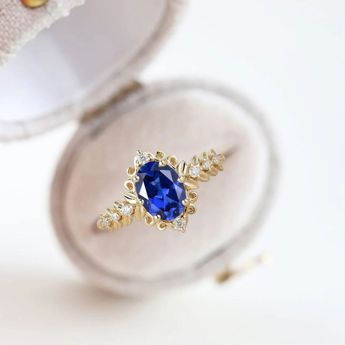 Unique Elegant Royal Blue Lab Sapphire Filigree Leaf Engagement Ring ...