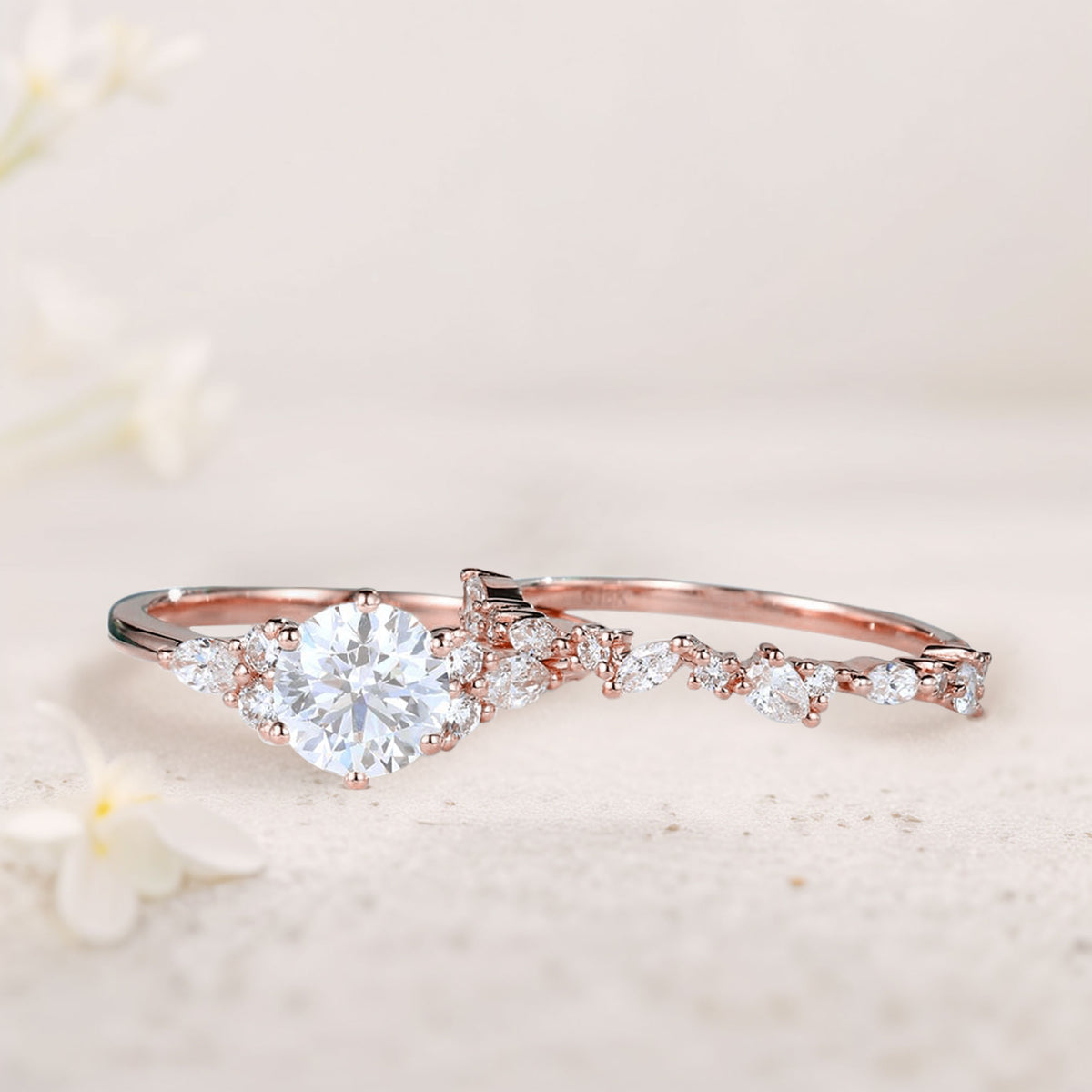 Unique Round Forever One Moissanite Bridal Ring Set Cluster Engagement ...