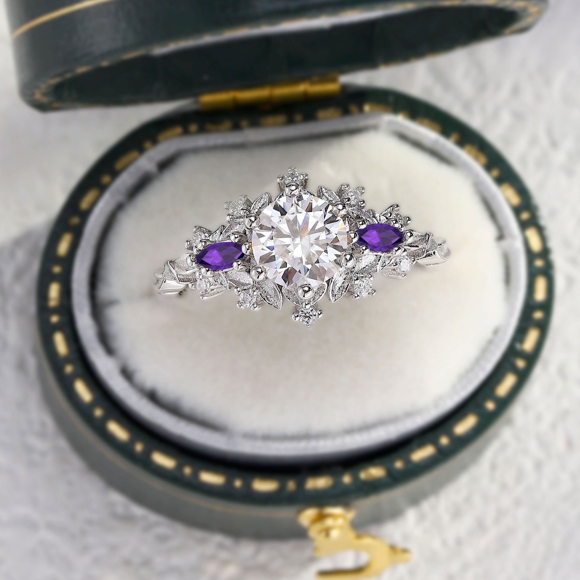 Customize your own Unique Briar Rose Three Stone Round Moissanite